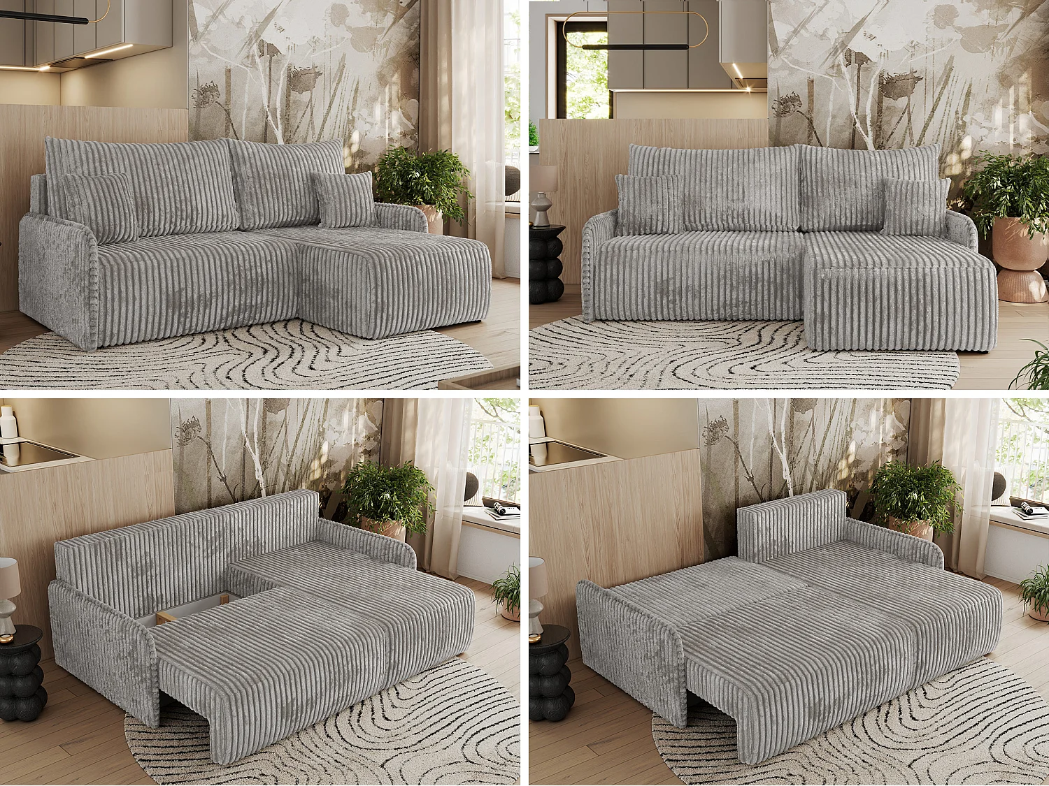 Ecksofa ARPA - L-form Schlaffsofa, Bettkasten und lose Kissen, Armlehnen - Grau Cord - Ecke Rechts