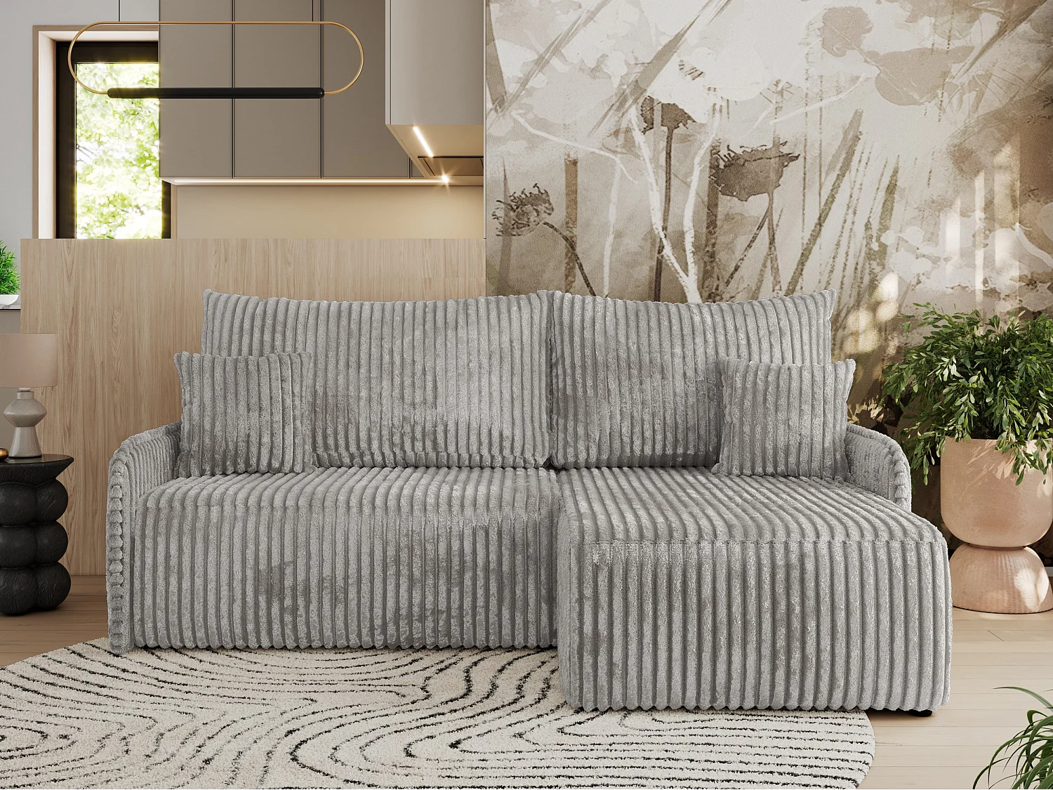 Ecksofa ARPA - L-form Schlaffsofa, Bettkasten und lose Kissen, Armlehnen - Grau Cord - Ecke Rechts