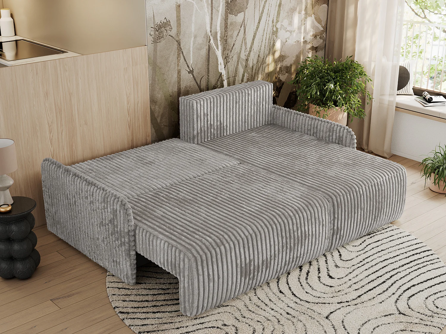 Ecksofa ARPA - L-form Schlaffsofa, Bettkasten und lose Kissen, Armlehnen - Grau Cord - Ecke Rechts