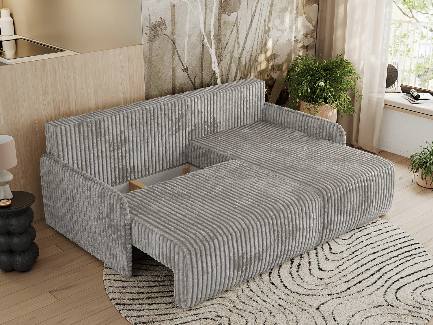 Ecksofa ARPA - L-form Schlaffsofa, Bettkasten und lose Kissen, Armlehnen - Grau Cord - Ecke Rechts