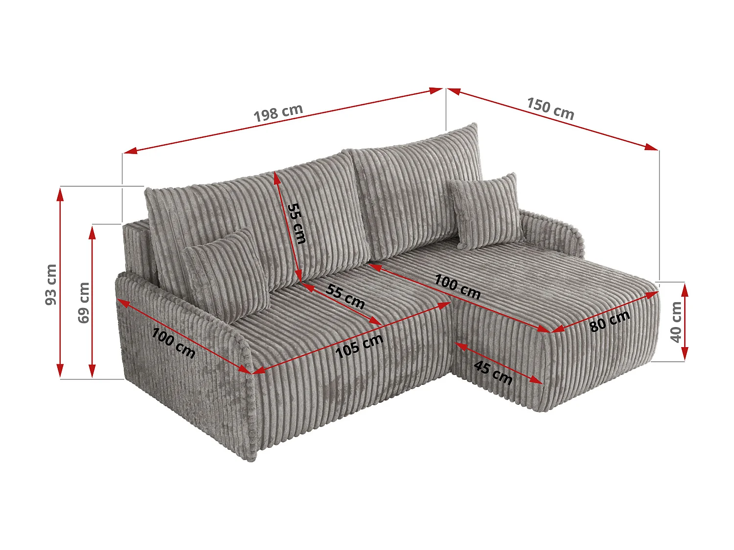 Ecksofa ARPA - L-form Schlaffsofa, Bettkasten und lose Kissen, Armlehnen - Grau Cord - Ecke Rechts