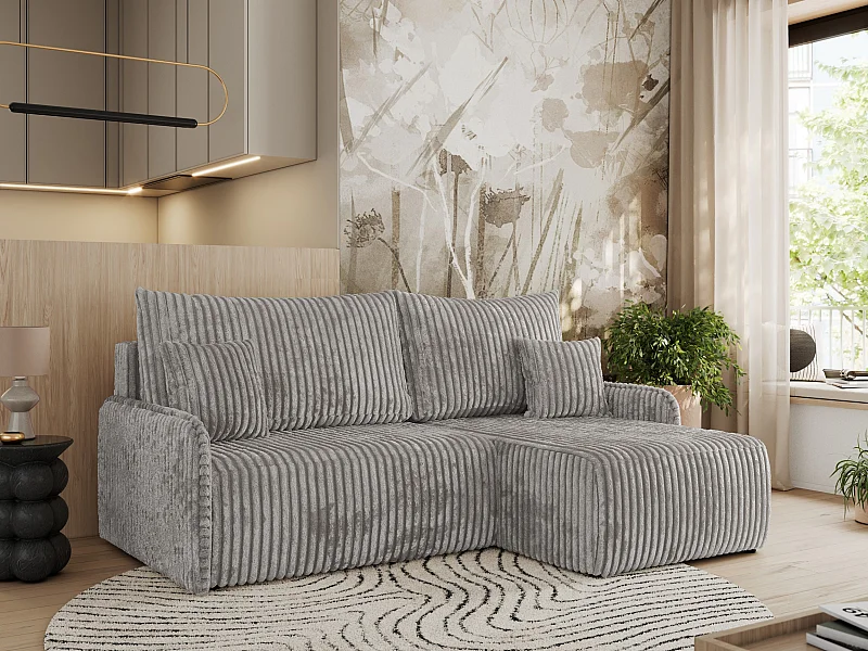 Ecksofa ARPA - L-form Schlaffsofa, Bettkasten und lose Kissen, Armlehnen - Grau Cord - Ecke Rechts