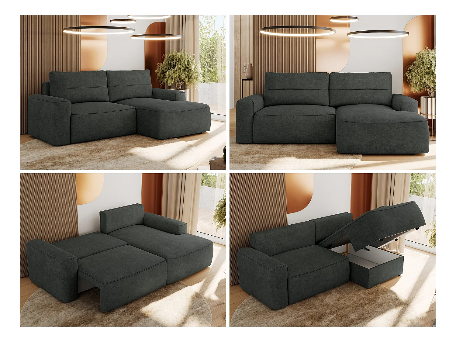 Ecksofa BELLUNO - Schlafsofa mit Bettkasten, Armlehnen, Couch L-form mit Schlaffunktion - Dunkelgrau Strukture - Ecke Rechts