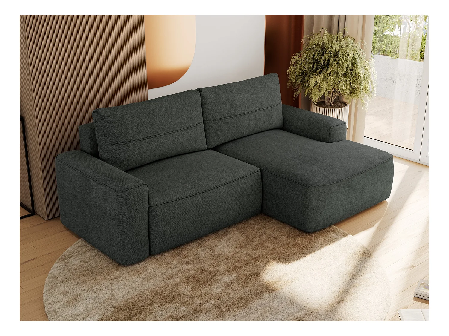 Ecksofa BELLUNO - Schlafsofa mit Bettkasten, Armlehnen, Couch L-form mit Schlaffunktion - Dunkelgrau Strukture - Ecke Rechts