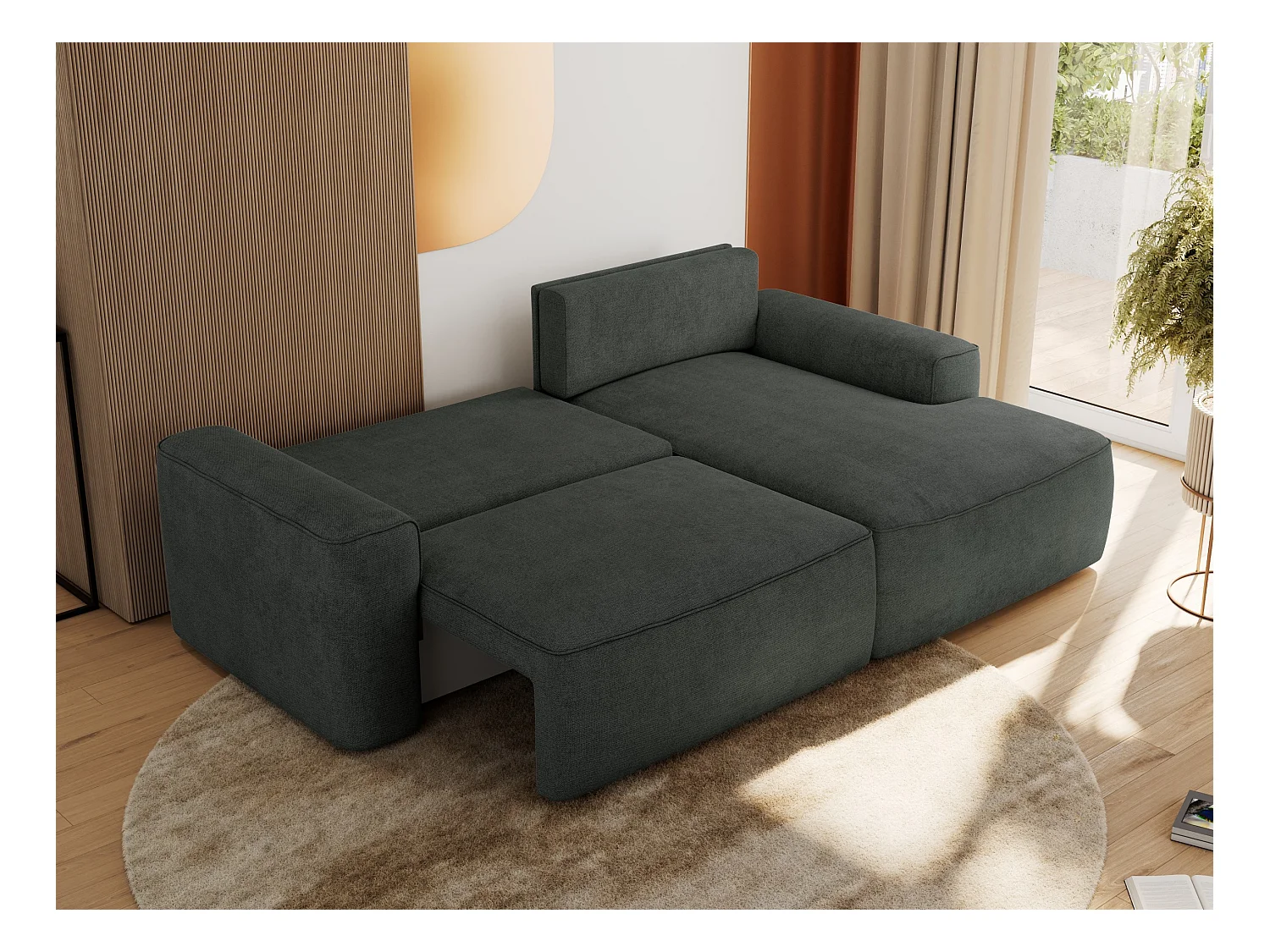 Ecksofa BELLUNO - Schlafsofa mit Bettkasten, Armlehnen, Couch L-form mit Schlaffunktion - Dunkelgrau Strukture - Ecke Rechts