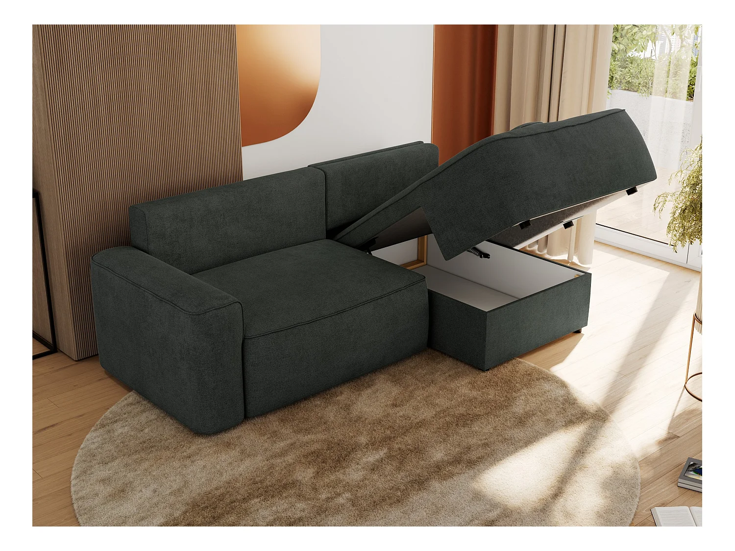 Ecksofa BELLUNO - Schlafsofa mit Bettkasten, Armlehnen, Couch L-form mit Schlaffunktion - Dunkelgrau Strukture - Ecke Rechts