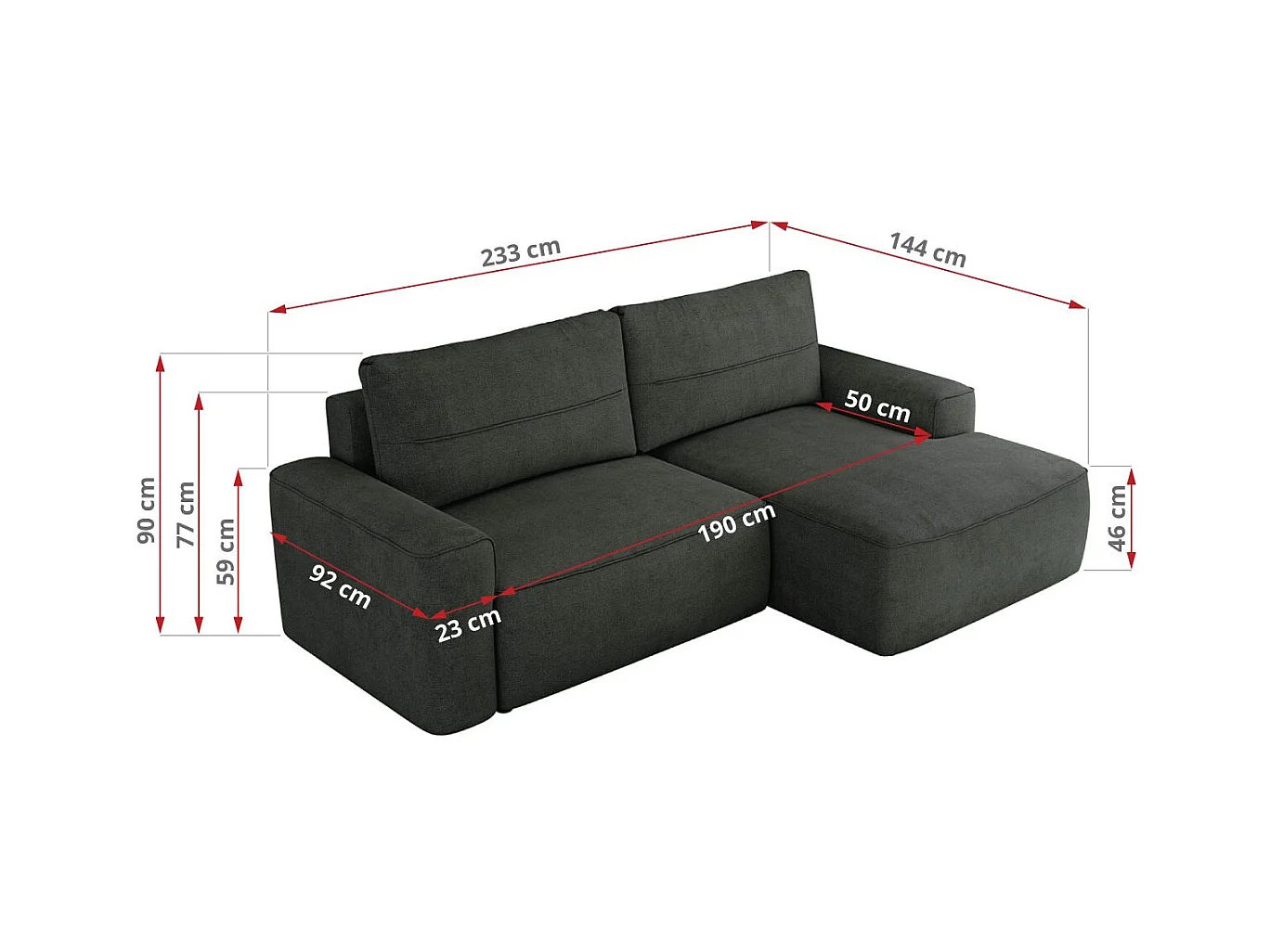 Ecksofa BELLUNO - Schlafsofa mit Bettkasten, Armlehnen, Couch L-form mit Schlaffunktion - Dunkelgrau Strukture - Ecke Rechts