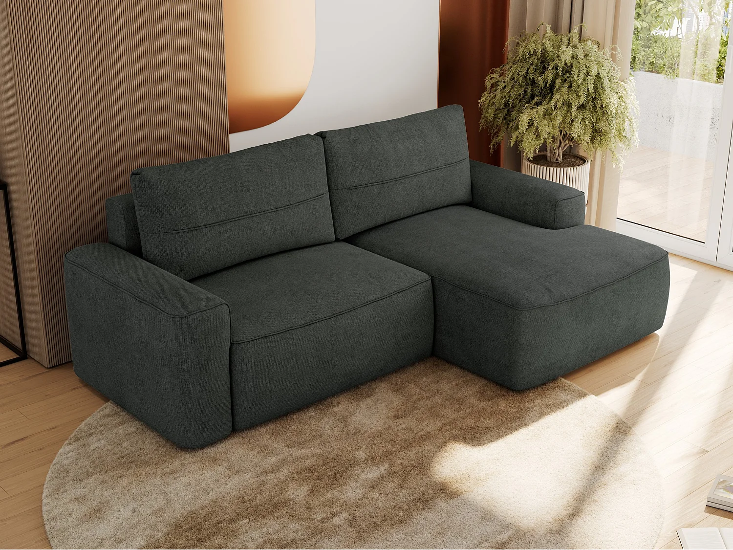 Ecksofa BELLUNO - Schlafsofa mit Bettkasten, Armlehnen, Couch L-form mit Schlaffunktion - Dunkelgrau Strukture - Ecke Rechts