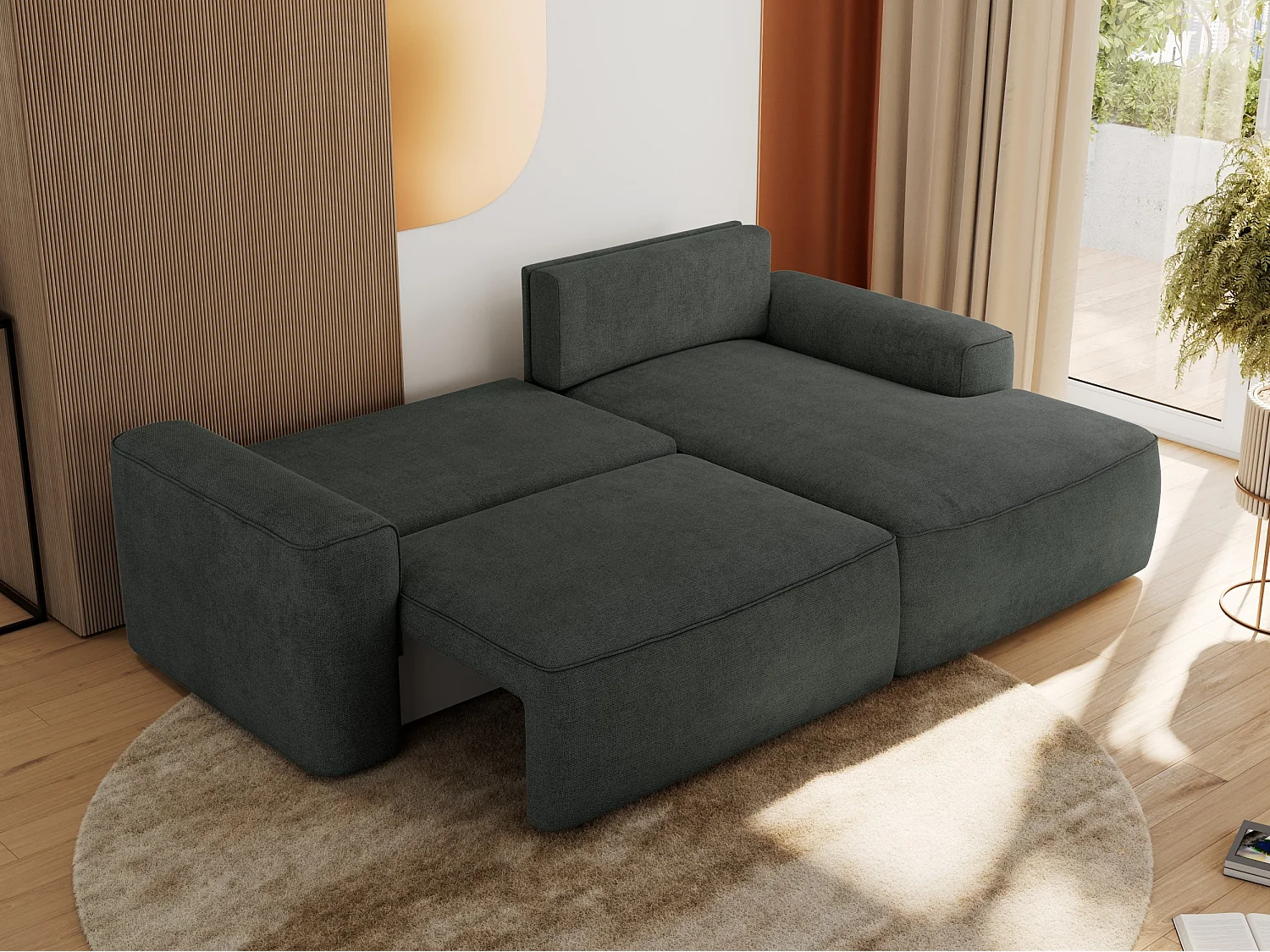 Ecksofa BELLUNO - Schlafsofa mit Bettkasten, Armlehnen, Couch L-form mit Schlaffunktion - Dunkelgrau Strukture - Ecke Rechts