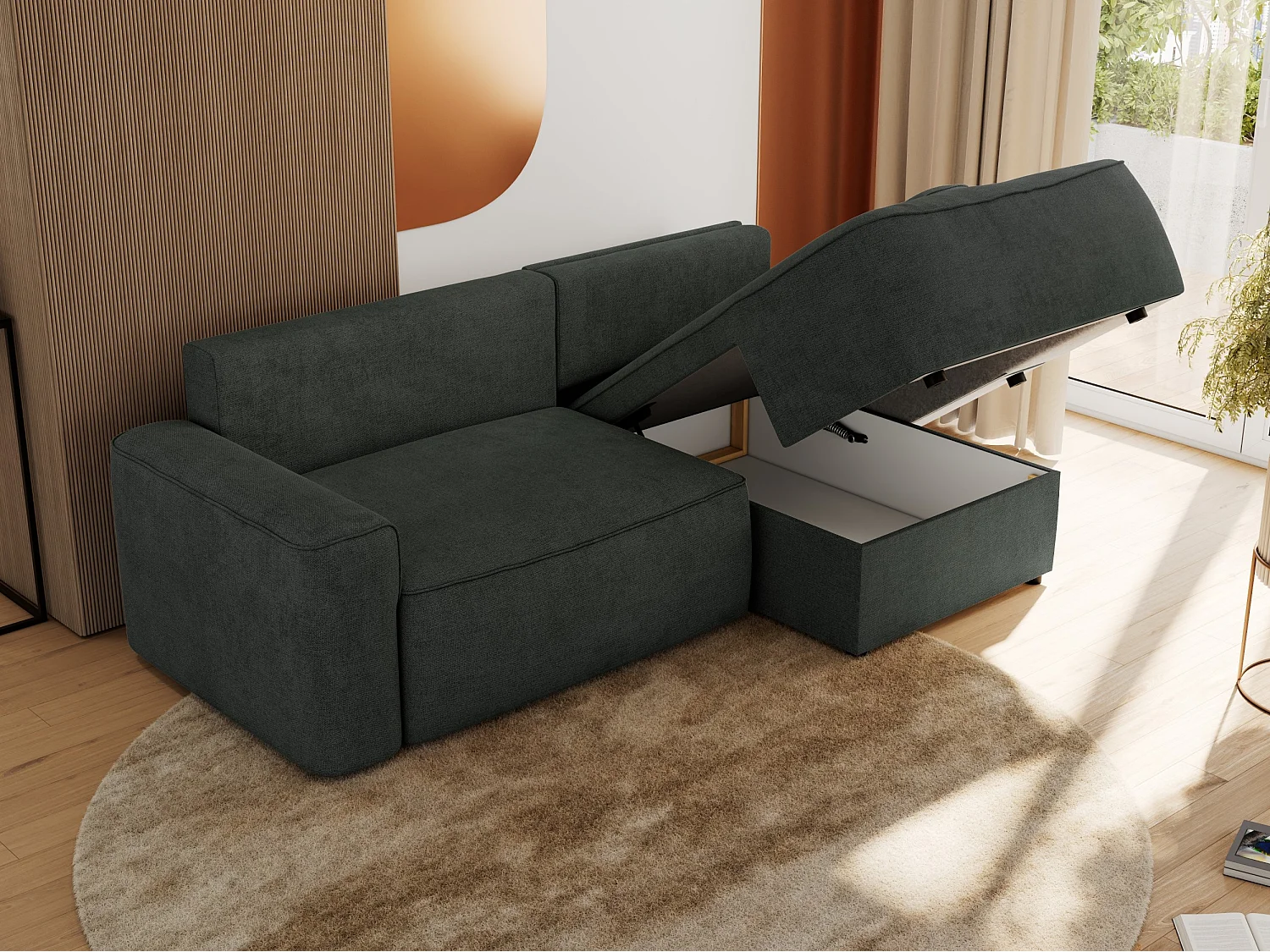 Ecksofa BELLUNO - Schlafsofa mit Bettkasten, Armlehnen, Couch L-form mit Schlaffunktion - Dunkelgrau Strukture - Ecke Rechts