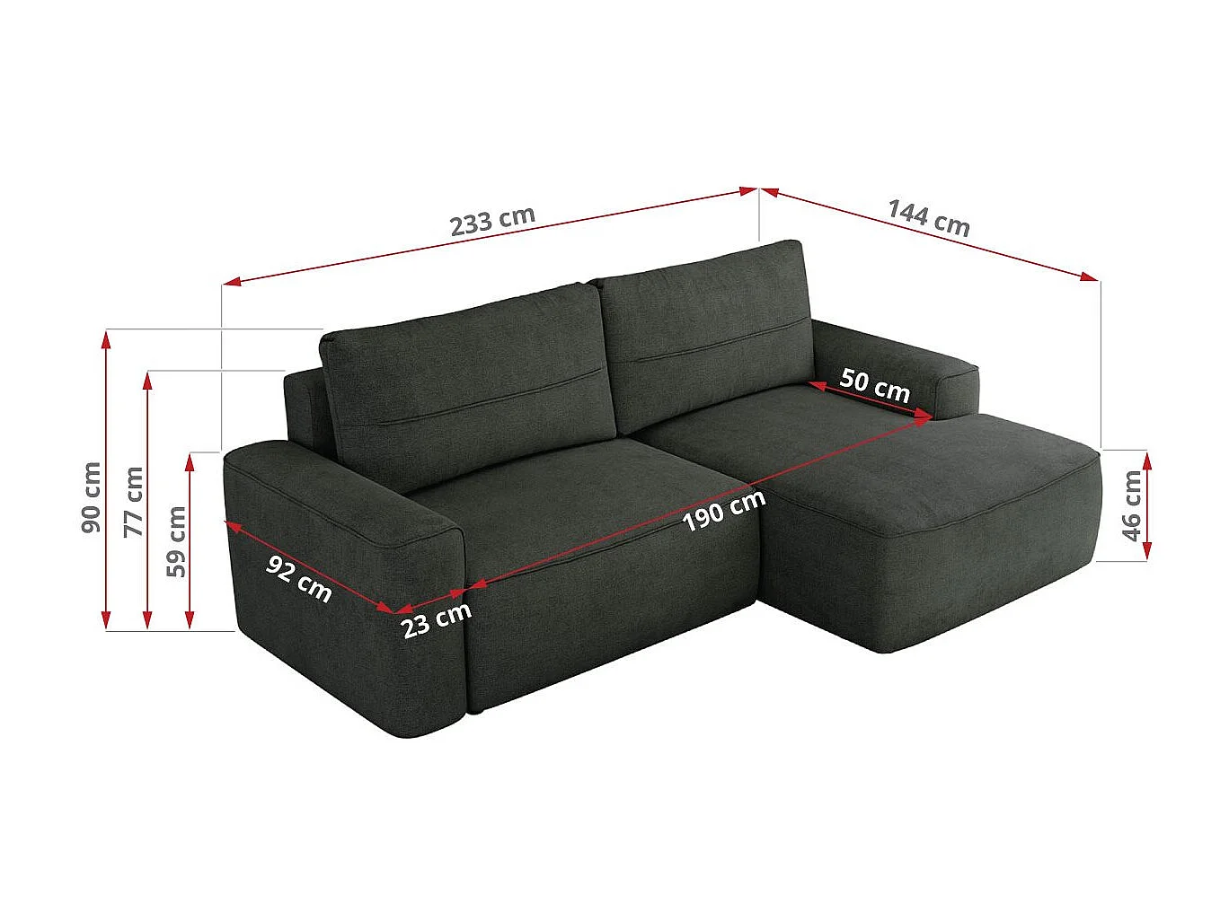 Ecksofa BELLUNO - Schlafsofa mit Bettkasten, Armlehnen, Couch L-form mit Schlaffunktion - Dunkelgrau Strukture - Ecke Rechts