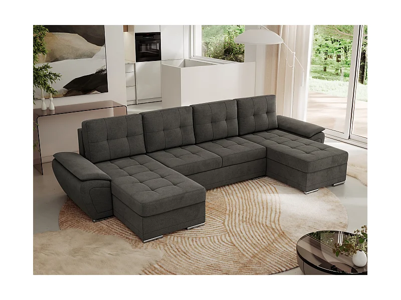 Ecksofa UMBRIA U - XXL Wohnlandschaft, mit Schlaffunktion und Bettkasten, genähte Ecke - Dunkelgrau Velvet