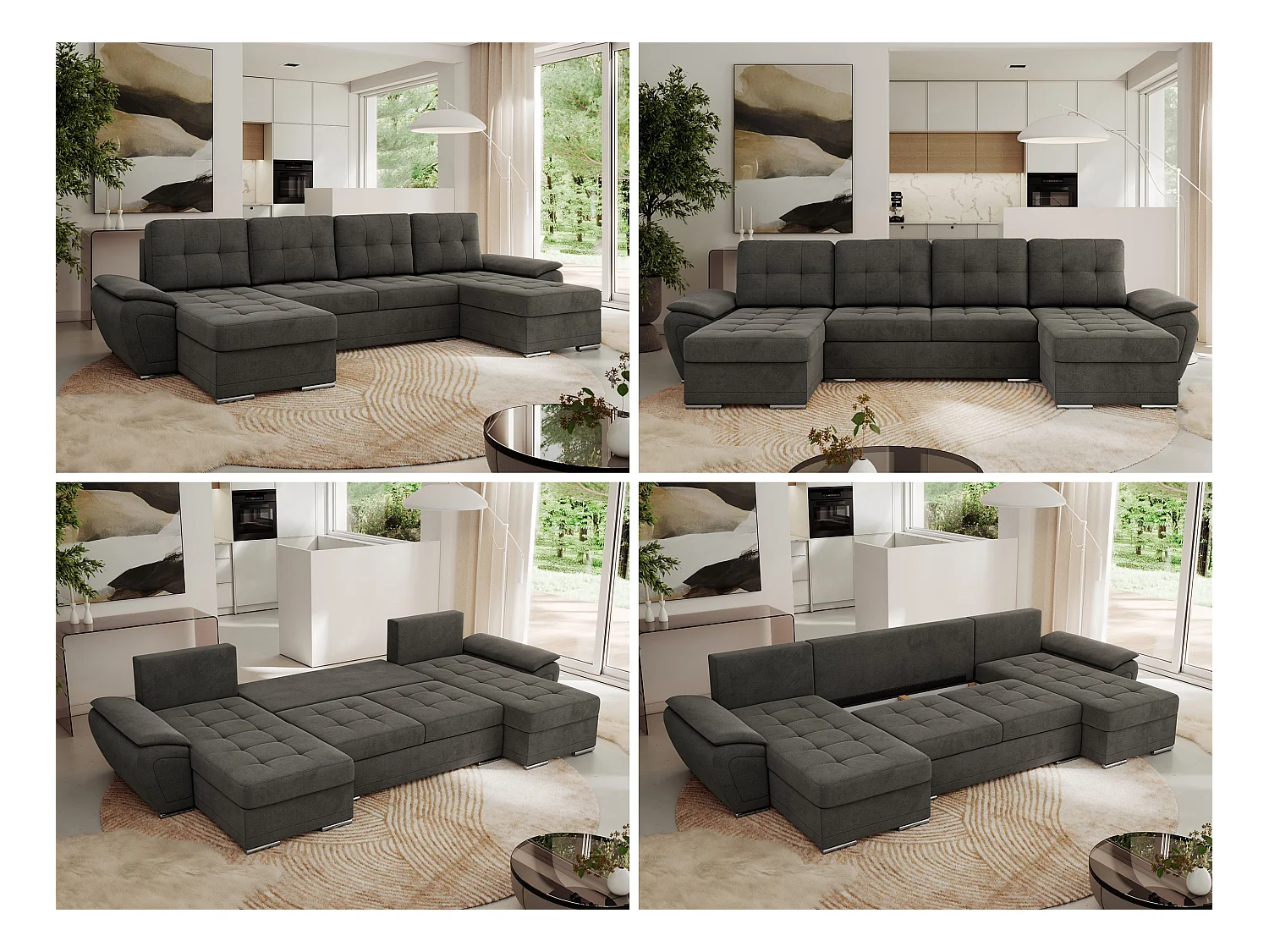 Ecksofa UMBRIA U - XXL Wohnlandschaft, mit Schlaffunktion und Bettkasten, genähte Ecke - Dunkelgrau Velvet