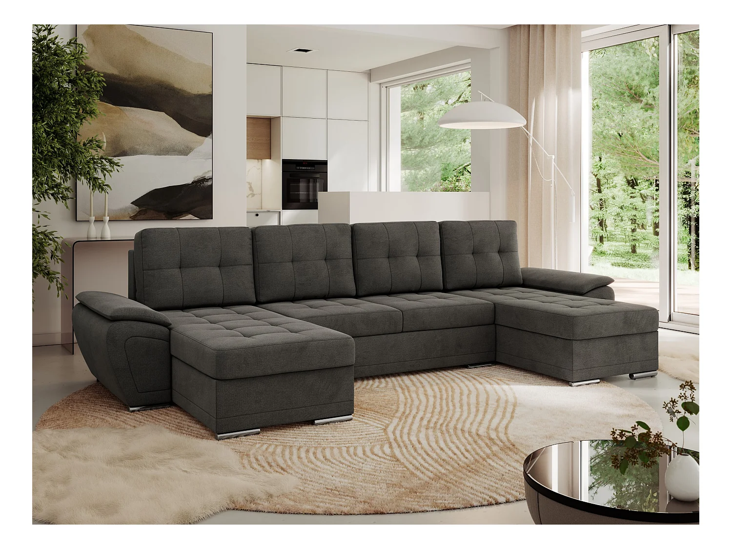 Ecksofa UMBRIA U - XXL Wohnlandschaft, mit Schlaffunktion und Bettkasten, genähte Ecke - Dunkelgrau Velvet