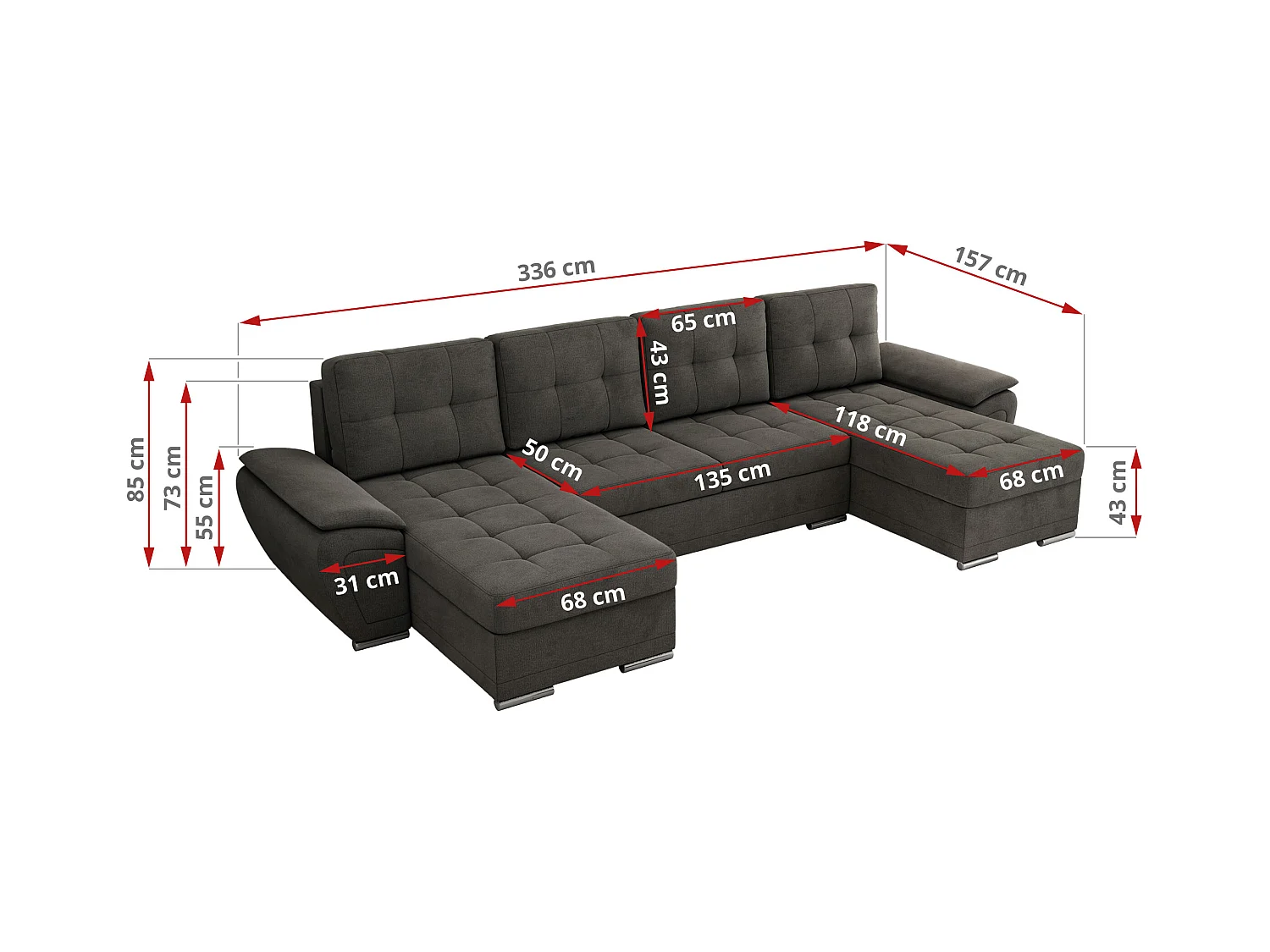 Ecksofa UMBRIA U - XXL Wohnlandschaft, mit Schlaffunktion und Bettkasten, genähte Ecke - Dunkelgrau Velvet