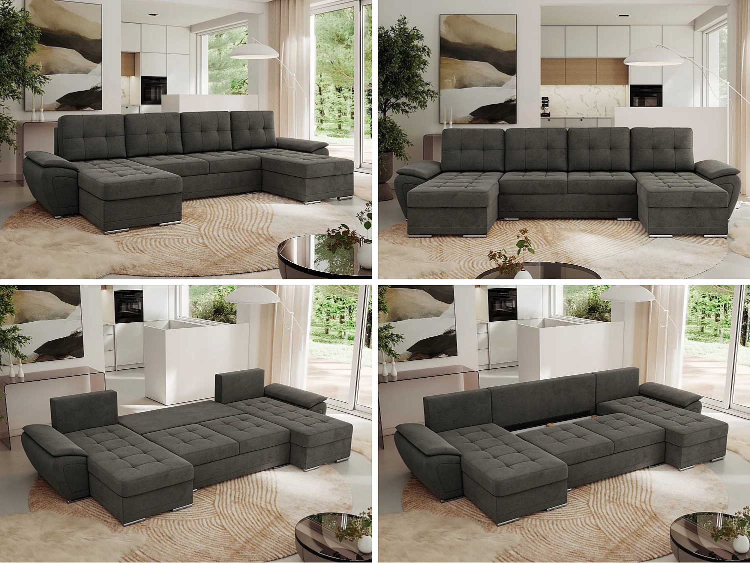 Ecksofa UMBRIA U - XXL Wohnlandschaft, mit Schlaffunktion und Bettkasten, genähte Ecke - Dunkelgrau Velvet