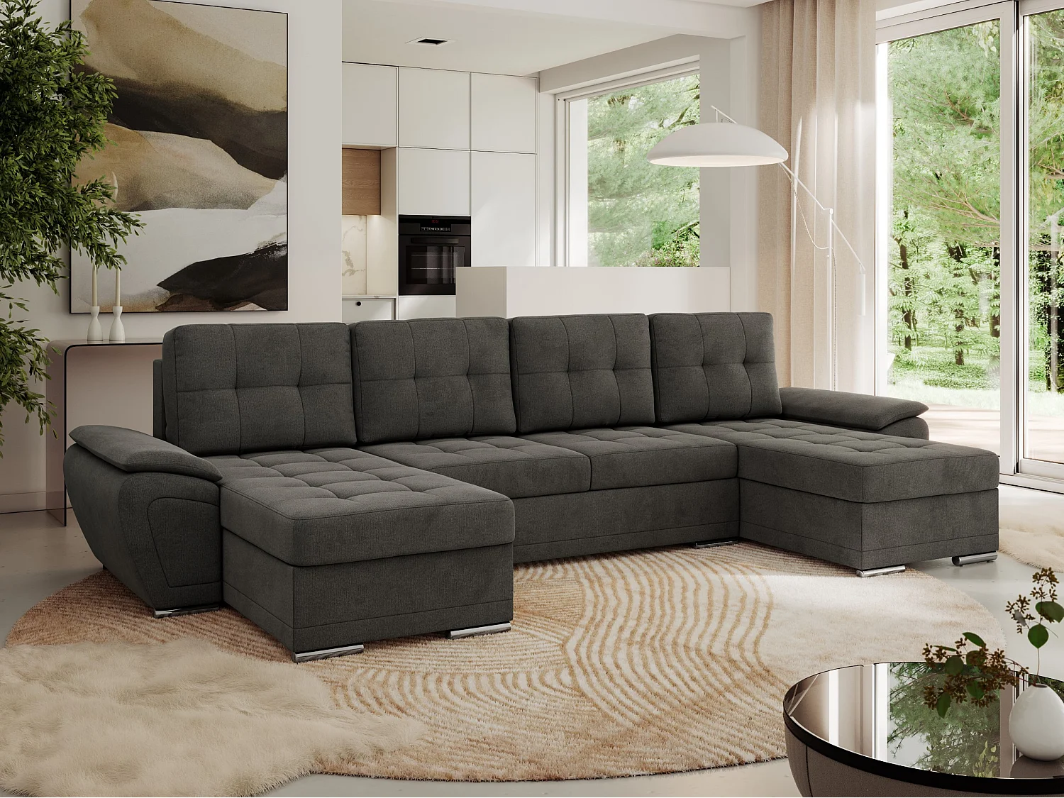 Ecksofa UMBRIA U - XXL Wohnlandschaft, mit Schlaffunktion und Bettkasten, genähte Ecke - Dunkelgrau Velvet