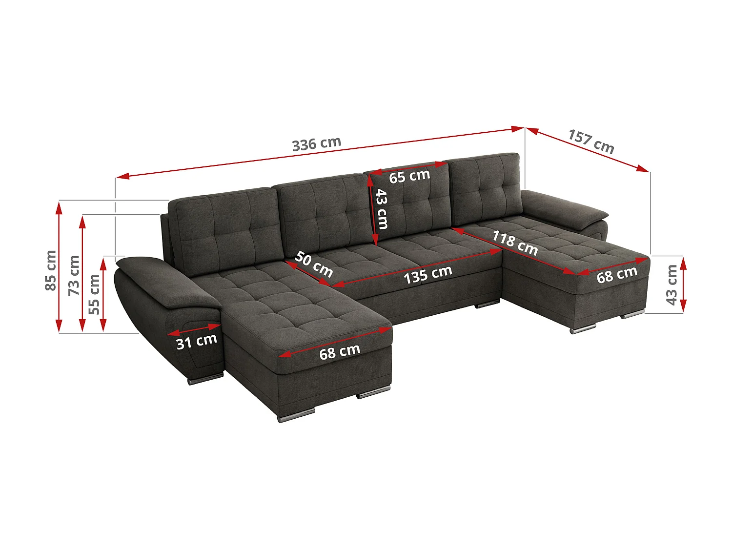 Ecksofa UMBRIA U - XXL Wohnlandschaft, mit Schlaffunktion und Bettkasten, genähte Ecke - Dunkelgrau Velvet