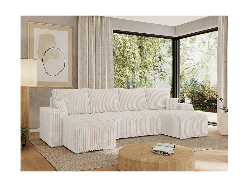Ecksofa KIRASSO U - Wohnlandschaft, Schlaffunktion und Bettkasten, Couch U-form, lose Kissen - Beige Cord