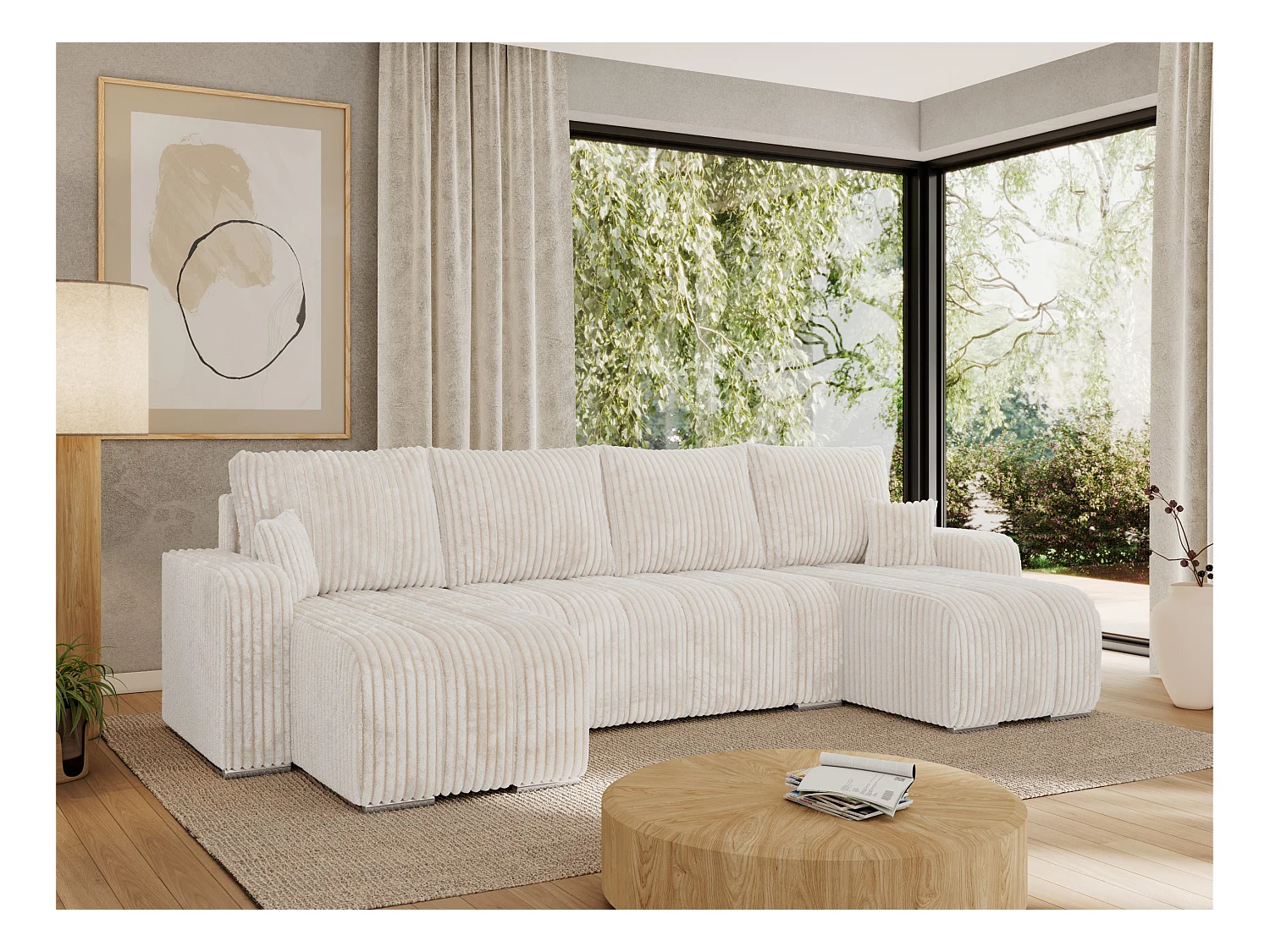 Ecksofa KIRASSO U - Wohnlandschaft, Schlaffunktion und Bettkasten, Couch U-form, lose Kissen - Beige Cord