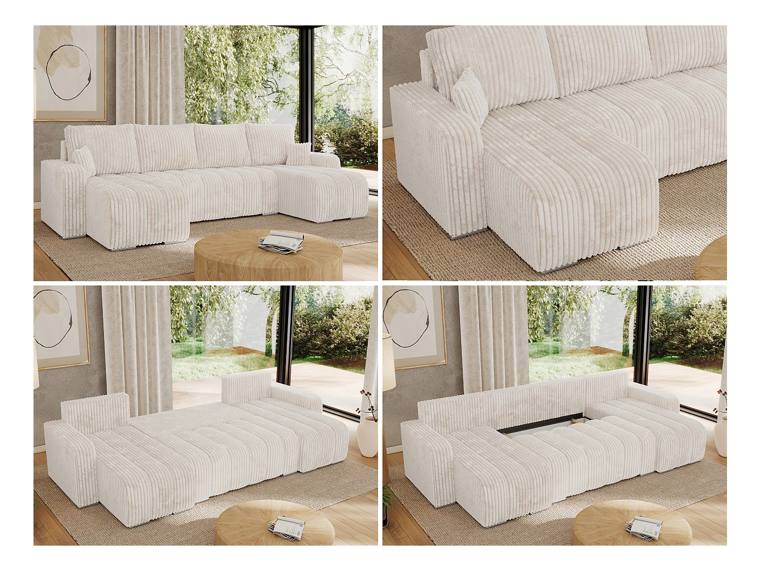 Ecksofa KIRASSO U - Wohnlandschaft, Schlaffunktion und Bettkasten, Couch U-form, lose Kissen - Beige Cord