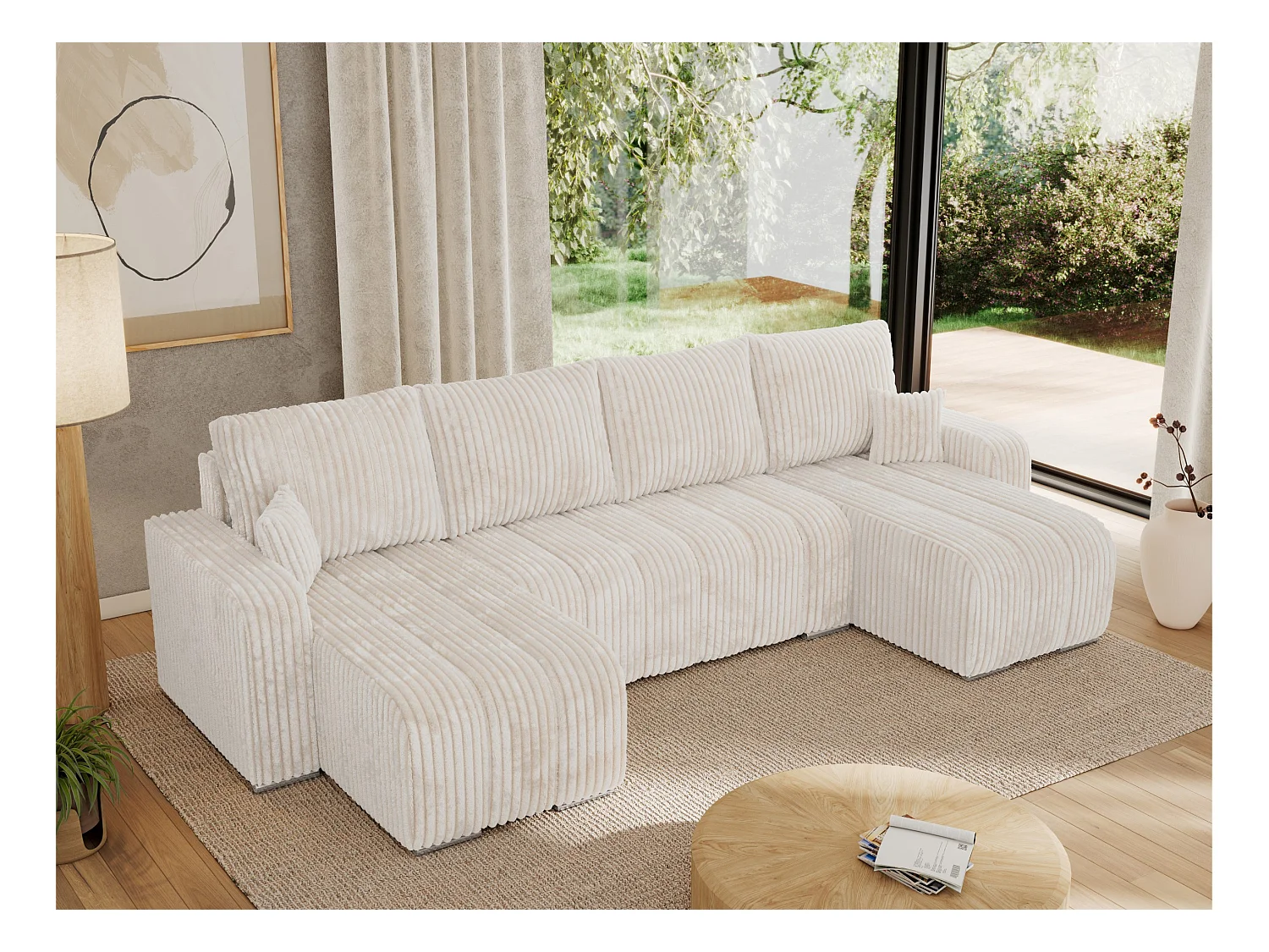 Ecksofa KIRASSO U - Wohnlandschaft, Schlaffunktion und Bettkasten, Couch U-form, lose Kissen - Beige Cord