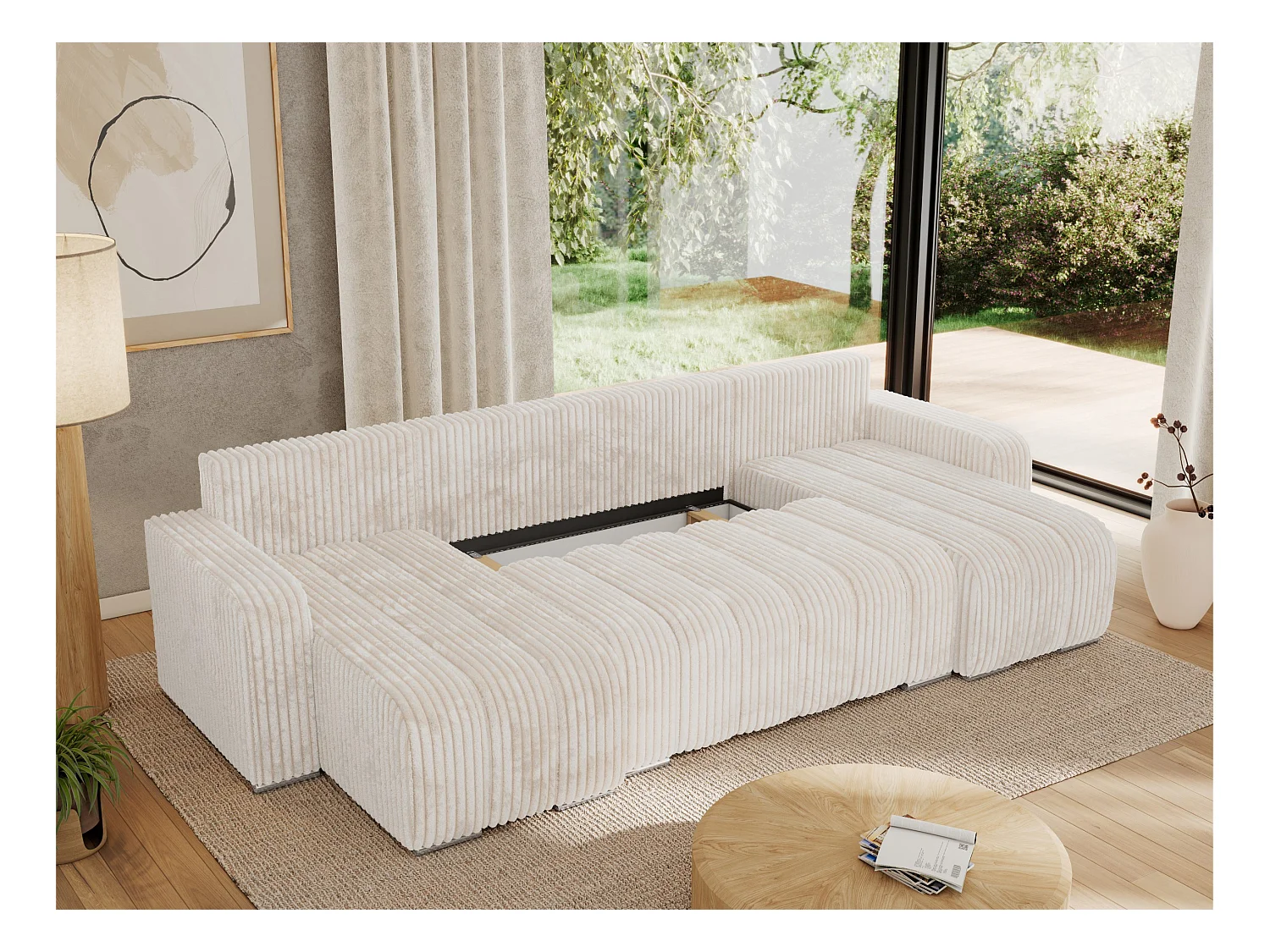 Ecksofa KIRASSO U - Wohnlandschaft, Schlaffunktion und Bettkasten, Couch U-form, lose Kissen - Beige Cord