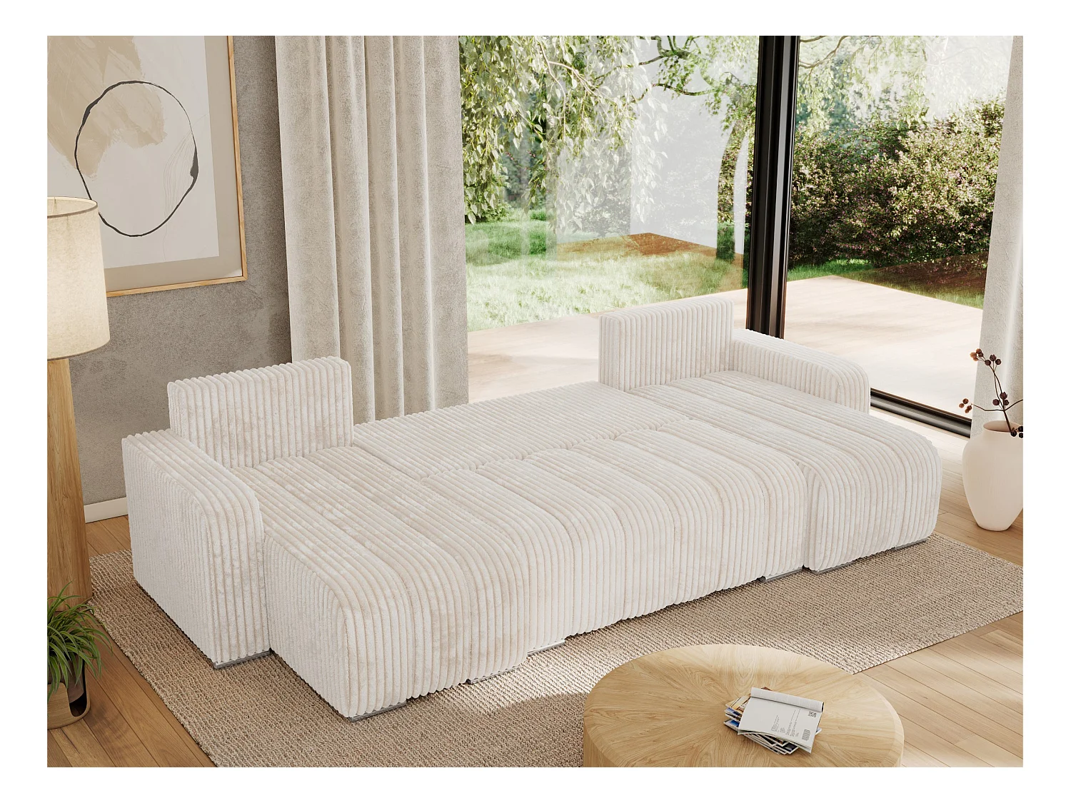 Ecksofa KIRASSO U - Wohnlandschaft, Schlaffunktion und Bettkasten, Couch U-form, lose Kissen - Beige Cord