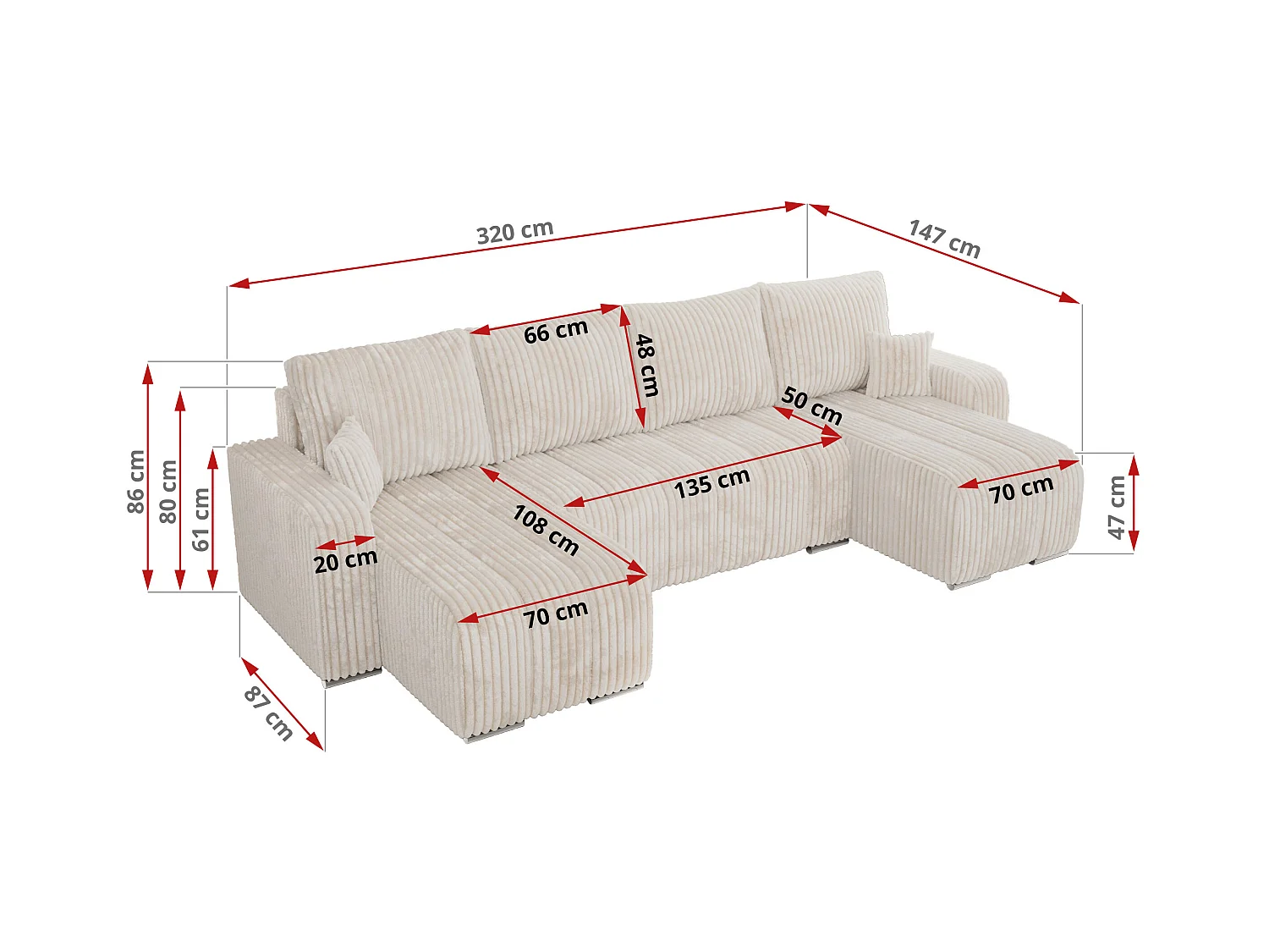 Ecksofa KIRASSO U - Wohnlandschaft, Schlaffunktion und Bettkasten, Couch U-form, lose Kissen - Beige Cord