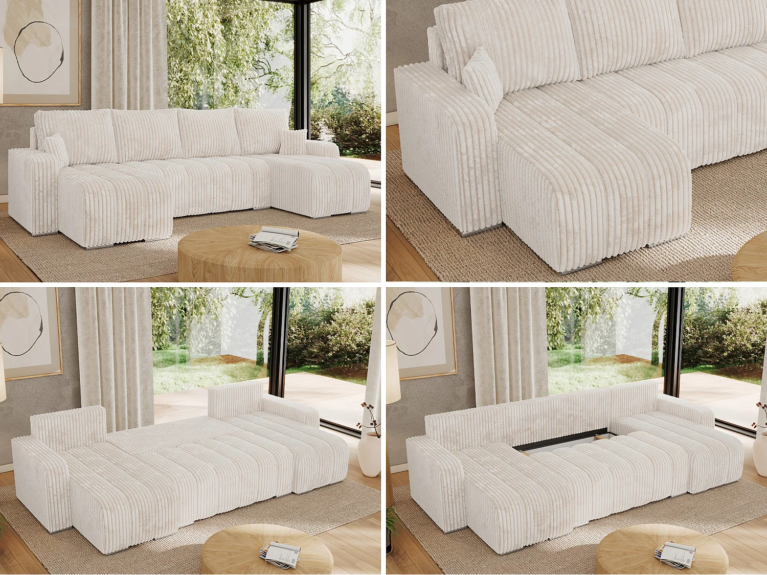 Ecksofa KIRASSO U - Wohnlandschaft, Schlaffunktion und Bettkasten, Couch U-form, lose Kissen - Beige Cord