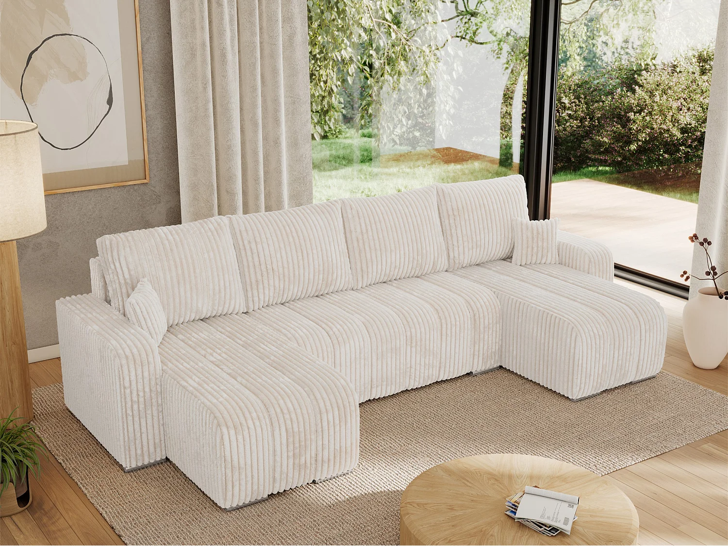 Ecksofa KIRASSO U - Wohnlandschaft, Schlaffunktion und Bettkasten, Couch U-form, lose Kissen - Beige Cord