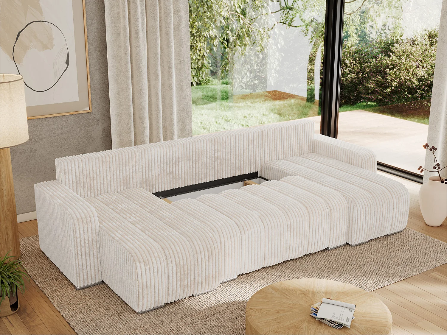 Ecksofa KIRASSO U - Wohnlandschaft, Schlaffunktion und Bettkasten, Couch U-form, lose Kissen - Beige Cord