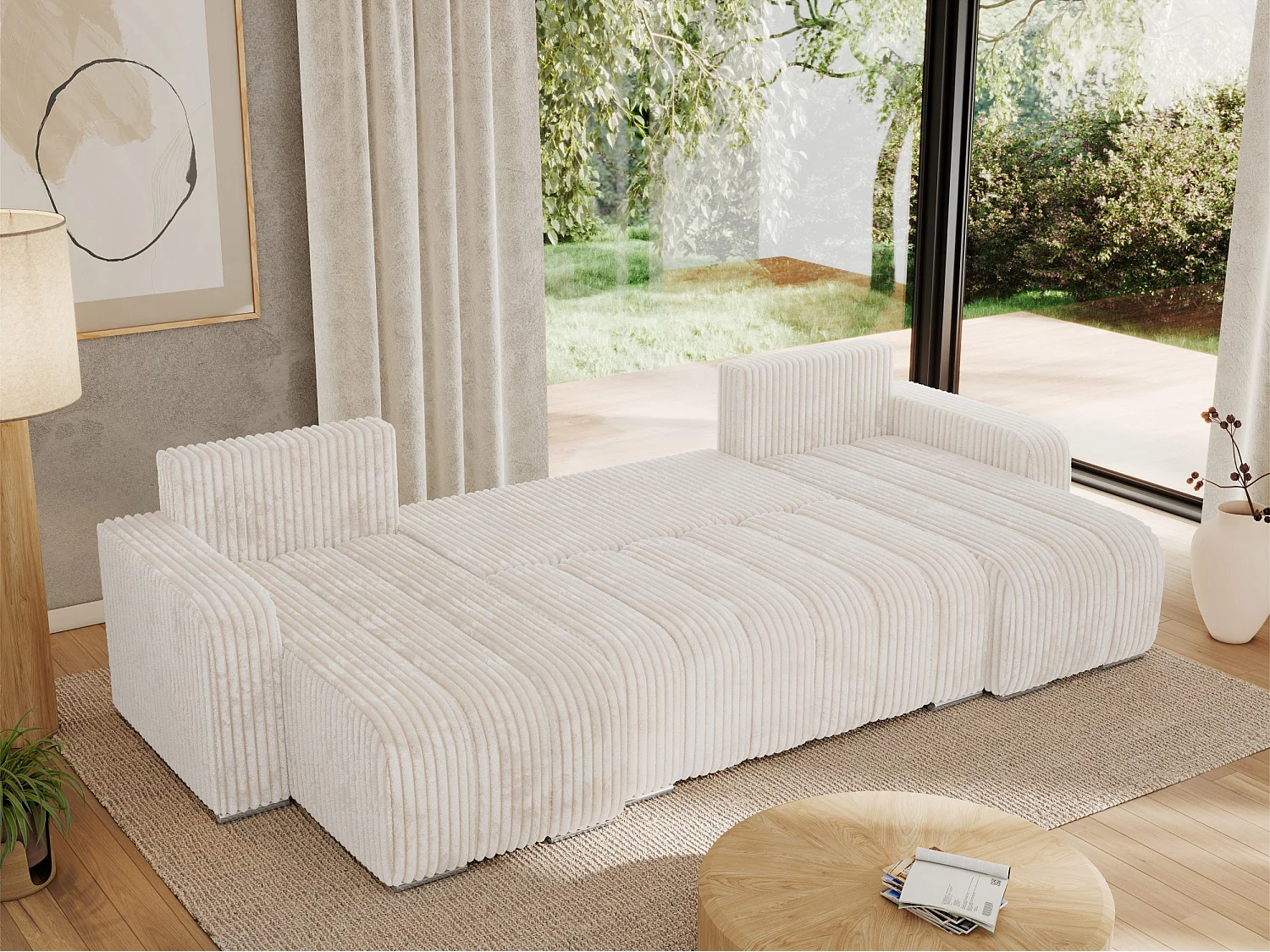 Ecksofa KIRASSO U - Wohnlandschaft, Schlaffunktion und Bettkasten, Couch U-form, lose Kissen - Beige Cord