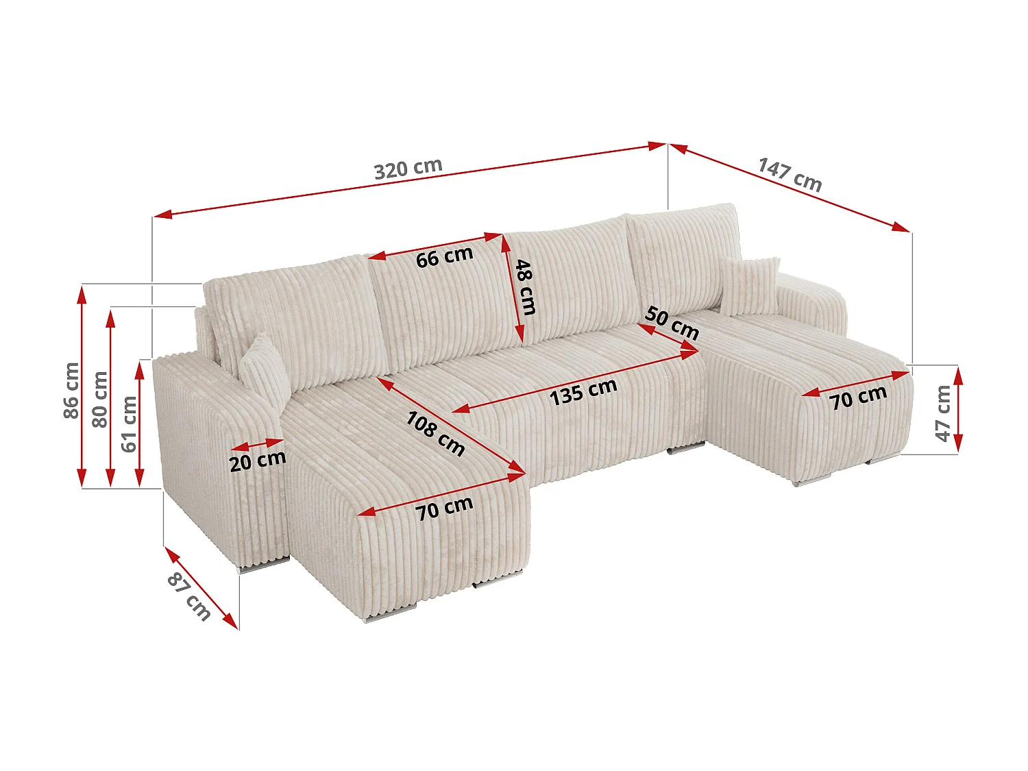 Ecksofa KIRASSO U - Wohnlandschaft, Schlaffunktion und Bettkasten, Couch U-form, lose Kissen - Beige Cord