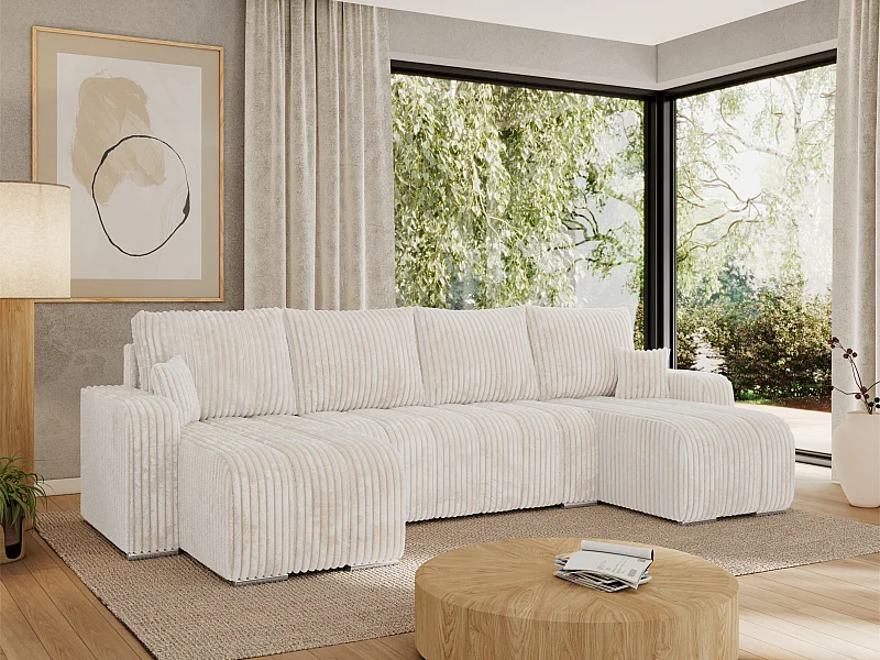 Ecksofa KIRASSO U - Wohnlandschaft, Schlaffunktion und Bettkasten, Couch U-form, lose Kissen - Beige Cord