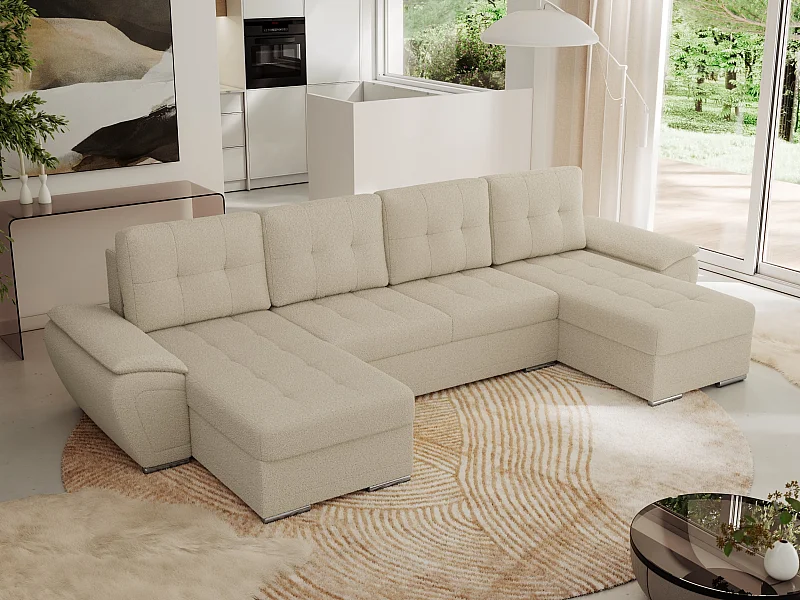 Ecksofa UMBRIA U - XXL Wohnlandschaft, mit Schlaffunktion und Bettkasten, genähte Ecke - Beige Boucle