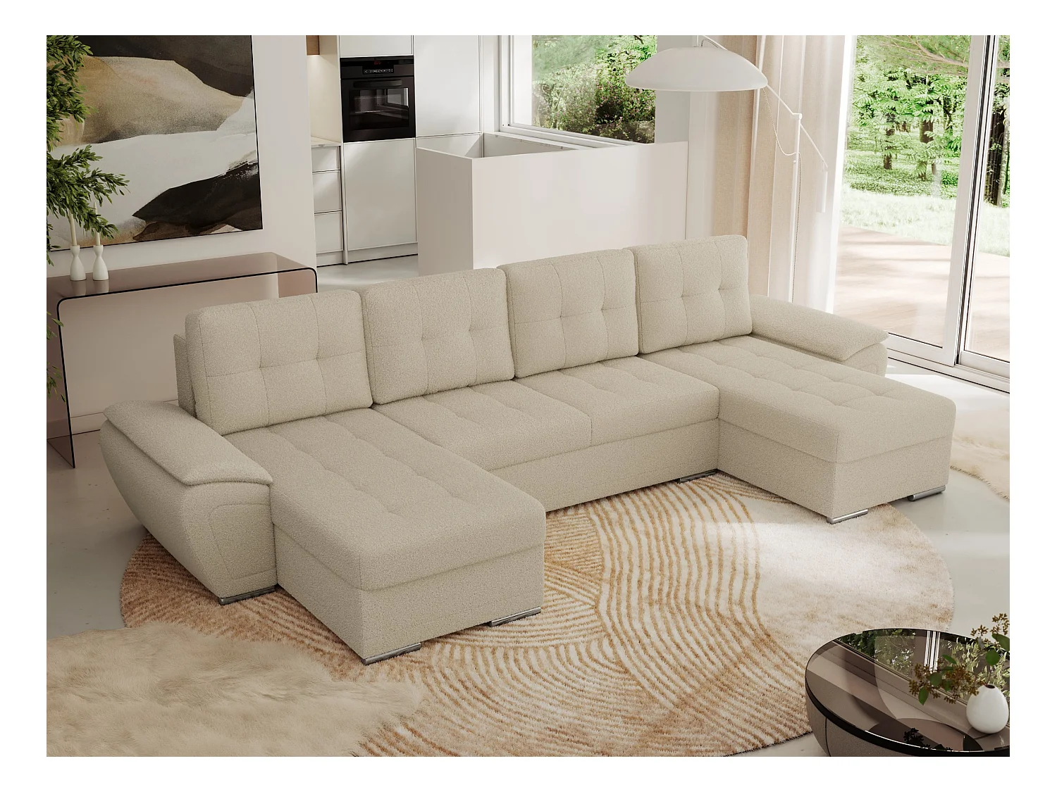 Ecksofa UMBRIA U - XXL Wohnlandschaft, mit Schlaffunktion und Bettkasten, genähte Ecke - Beige Boucle