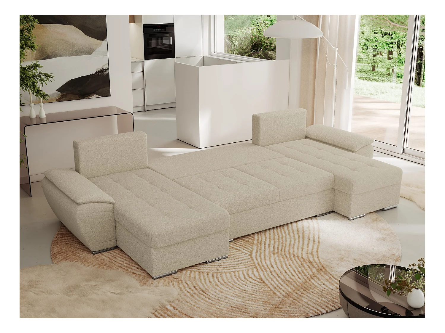 Ecksofa UMBRIA U - XXL Wohnlandschaft, mit Schlaffunktion und Bettkasten, genähte Ecke - Beige Boucle