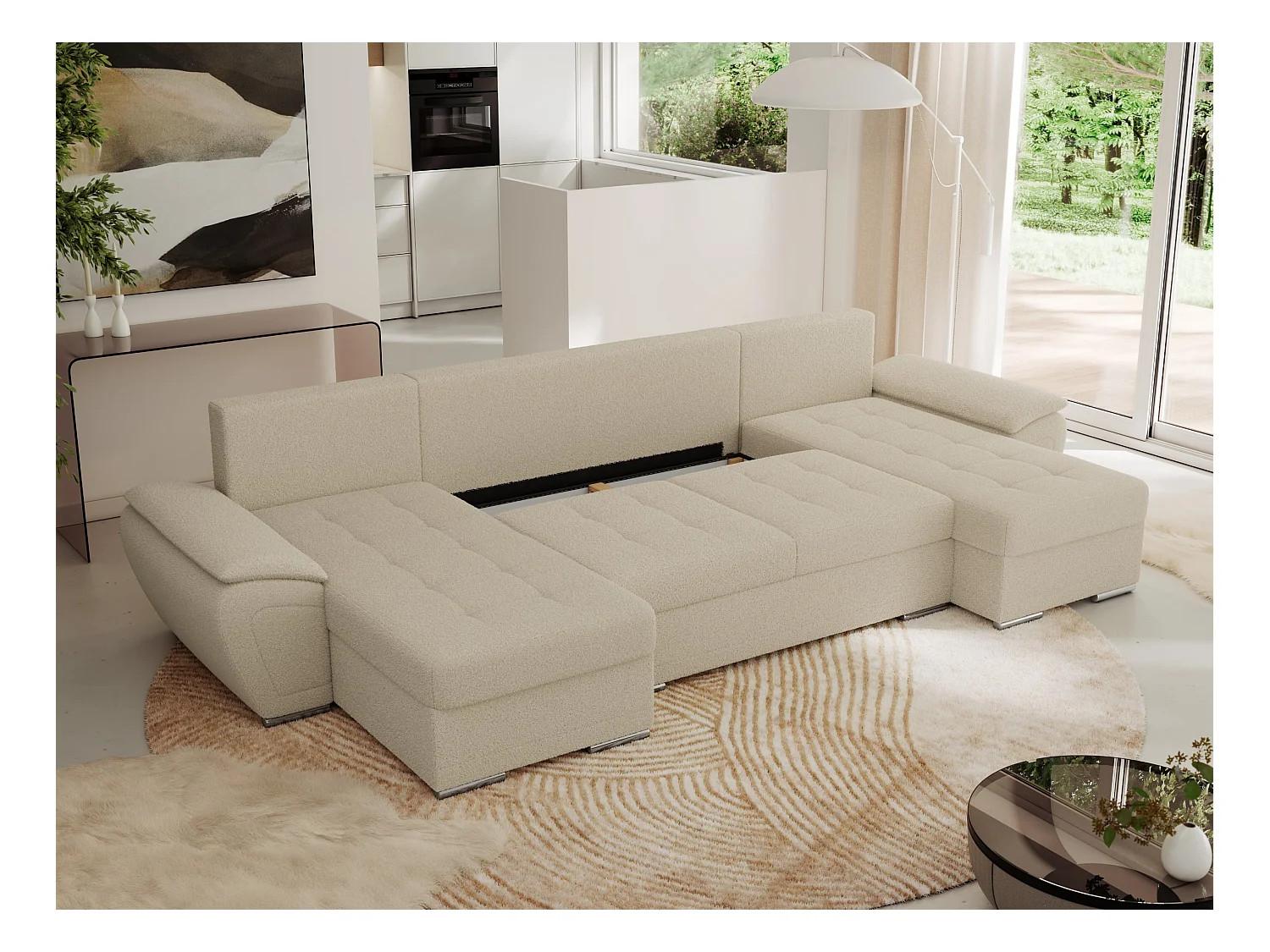 Ecksofa UMBRIA U - XXL Wohnlandschaft, mit Schlaffunktion und Bettkasten, genähte Ecke - Beige Boucle