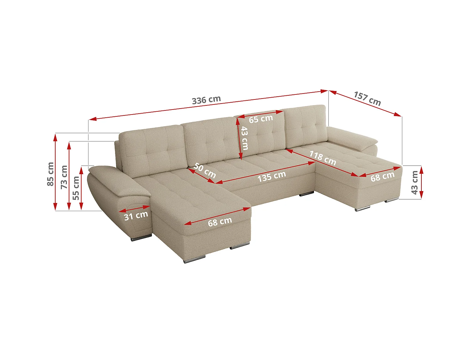 Ecksofa UMBRIA U - XXL Wohnlandschaft, mit Schlaffunktion und Bettkasten, genähte Ecke - Beige Boucle