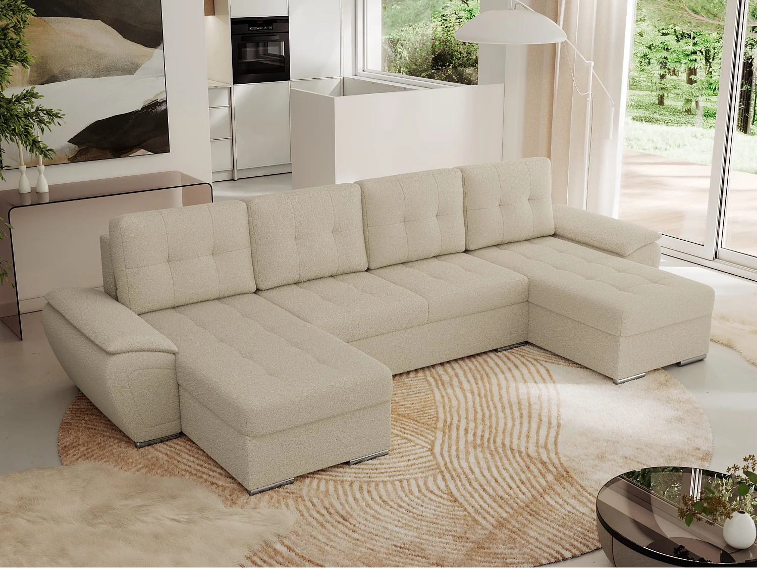 Ecksofa UMBRIA U - XXL Wohnlandschaft, mit Schlaffunktion und Bettkasten, genähte Ecke - Beige Boucle