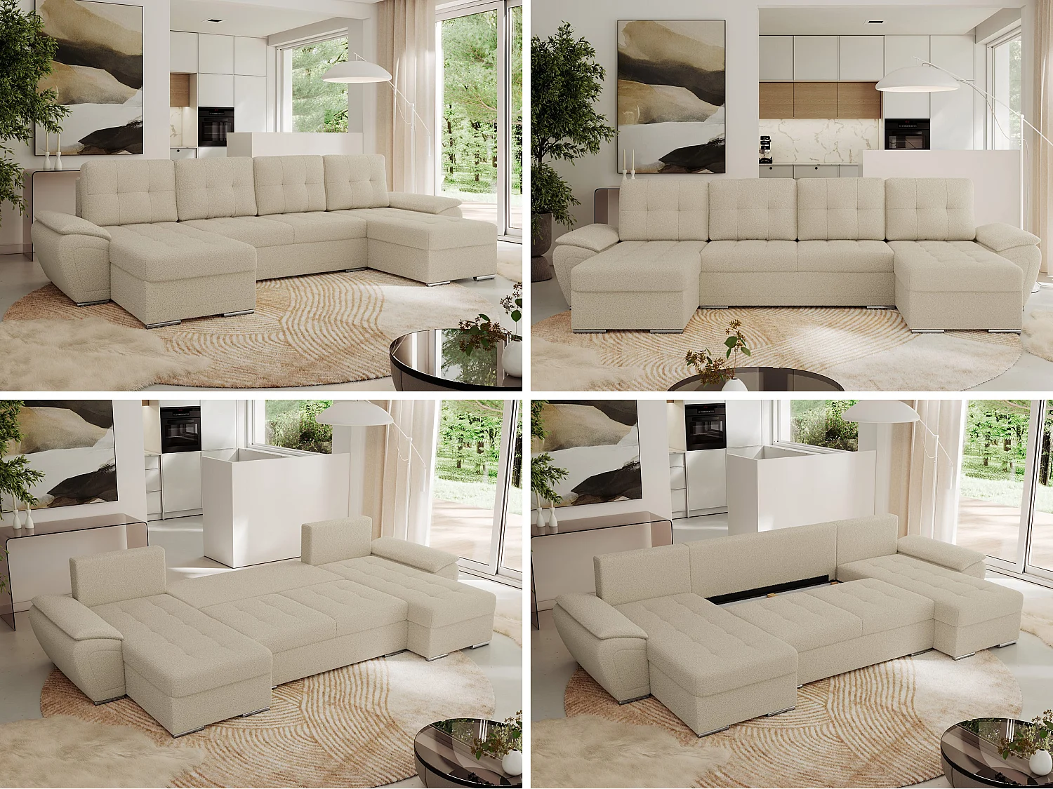 Ecksofa UMBRIA U - XXL Wohnlandschaft, mit Schlaffunktion und Bettkasten, genähte Ecke - Beige Boucle