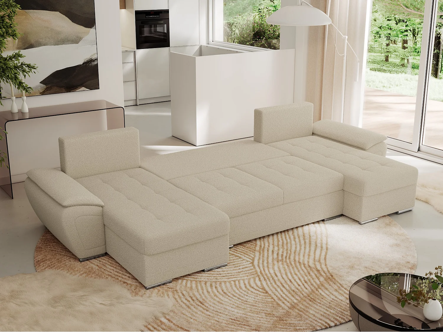 Ecksofa UMBRIA U - XXL Wohnlandschaft, mit Schlaffunktion und Bettkasten, genähte Ecke - Beige Boucle