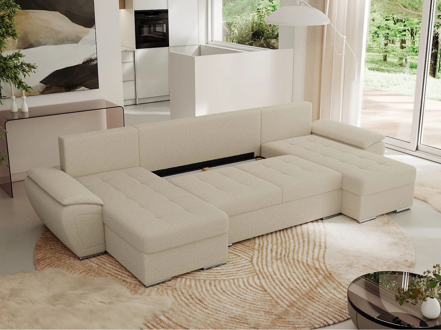 Ecksofa UMBRIA U - XXL Wohnlandschaft, mit Schlaffunktion und Bettkasten, genähte Ecke - Beige Boucle