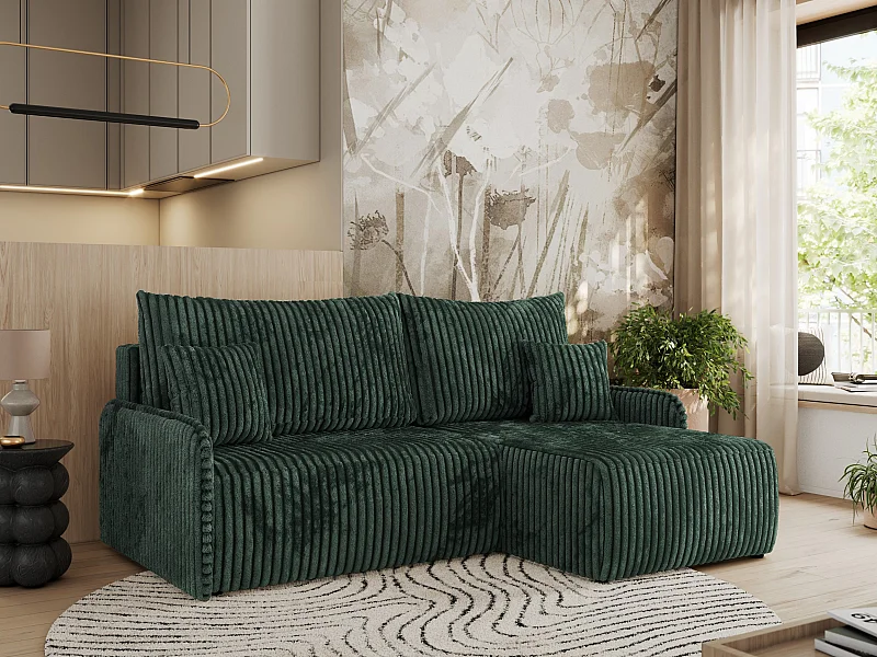 Ecksofa ARPA - L-form Schlaffsofa, Bettkasten und lose Kissen, Armlehnen - Grün Cord - Ecke Rechts