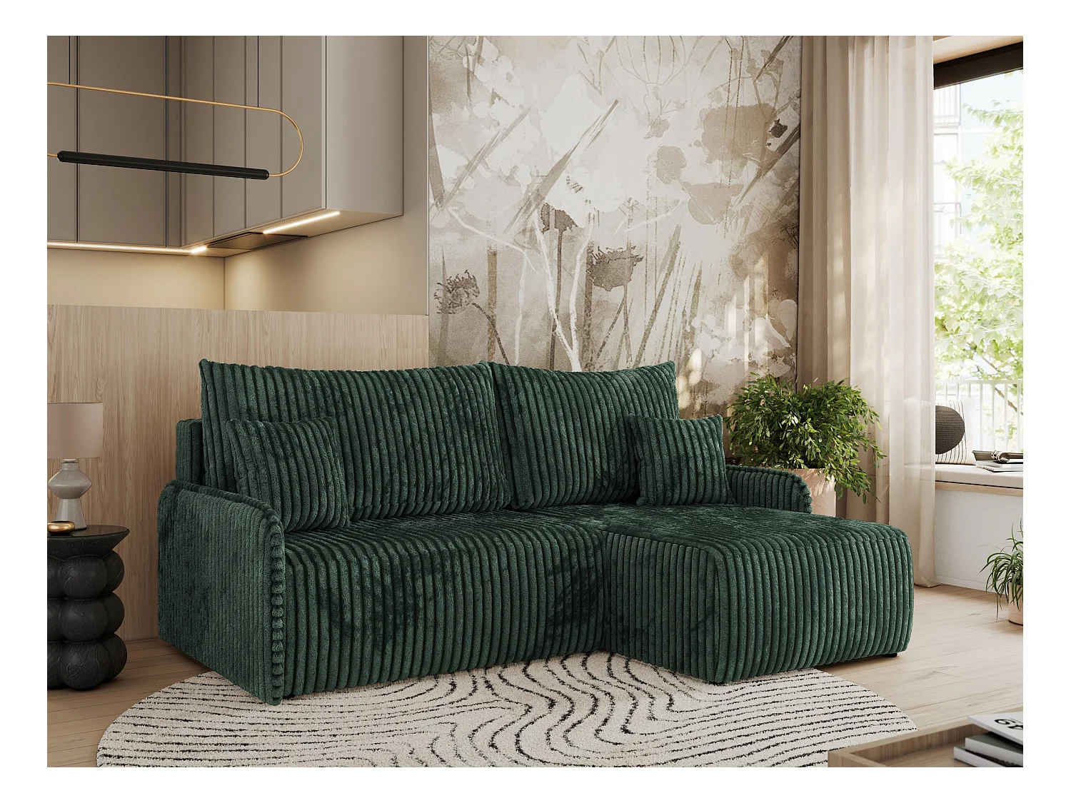 Ecksofa ARPA - L-form Schlaffsofa, Bettkasten und lose Kissen, Armlehnen - Grün Cord - Ecke Rechts