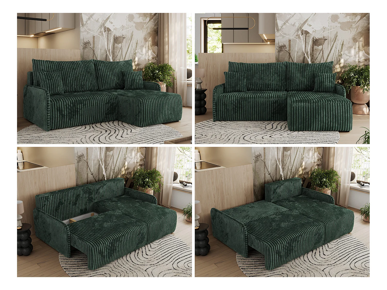 Ecksofa ARPA - L-form Schlaffsofa, Bettkasten und lose Kissen, Armlehnen - Grün Cord - Ecke Rechts