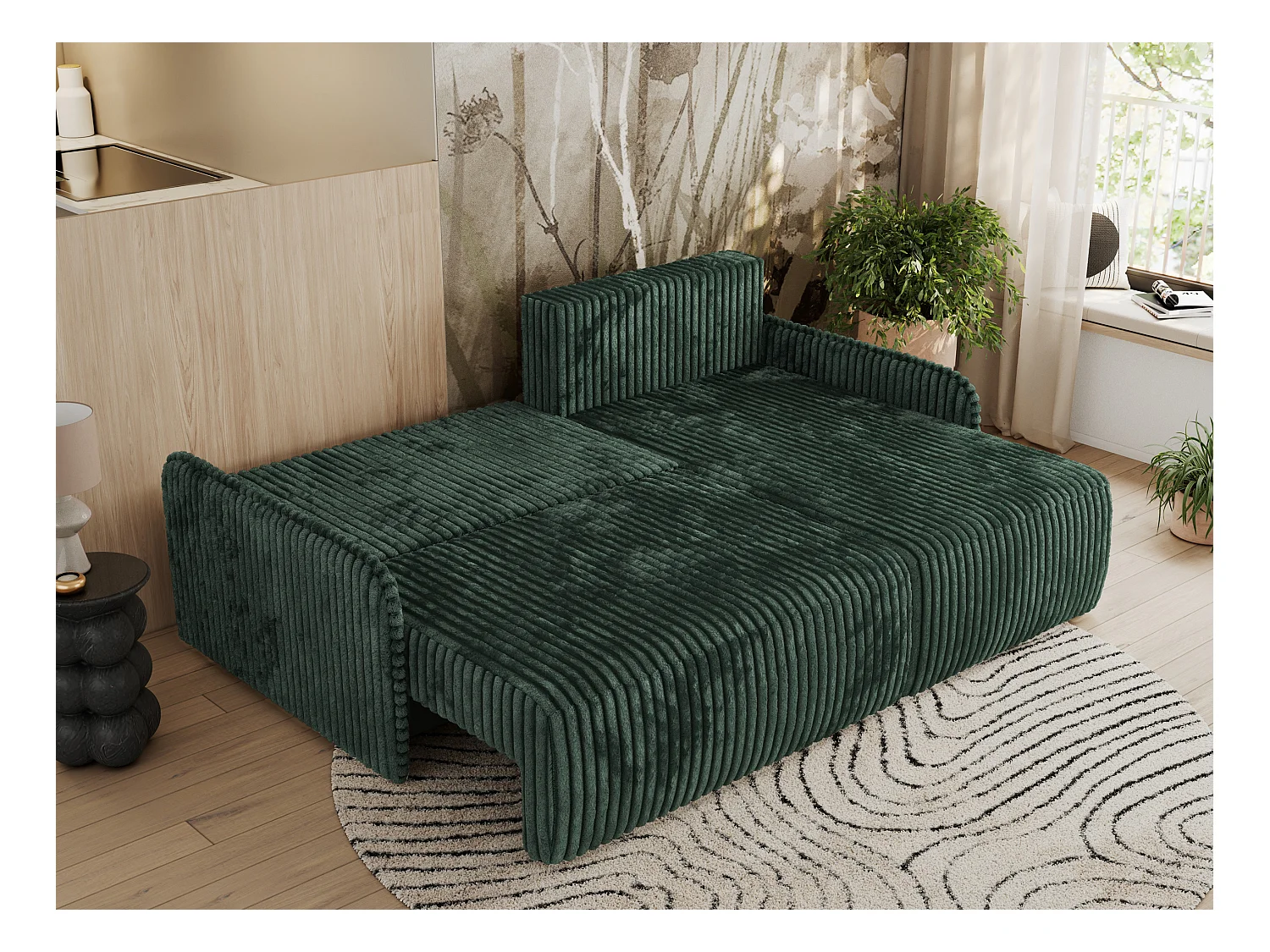 Ecksofa ARPA - L-form Schlaffsofa, Bettkasten und lose Kissen, Armlehnen - Grün Cord - Ecke Rechts