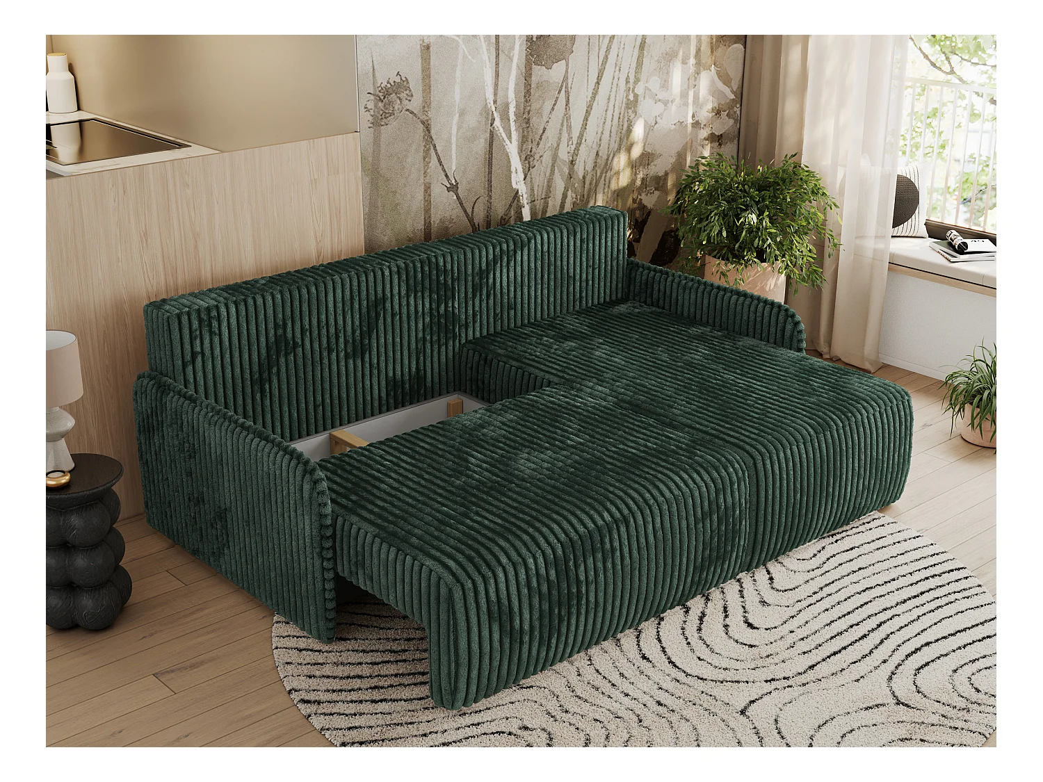 Ecksofa ARPA - L-form Schlaffsofa, Bettkasten und lose Kissen, Armlehnen - Grün Cord - Ecke Rechts