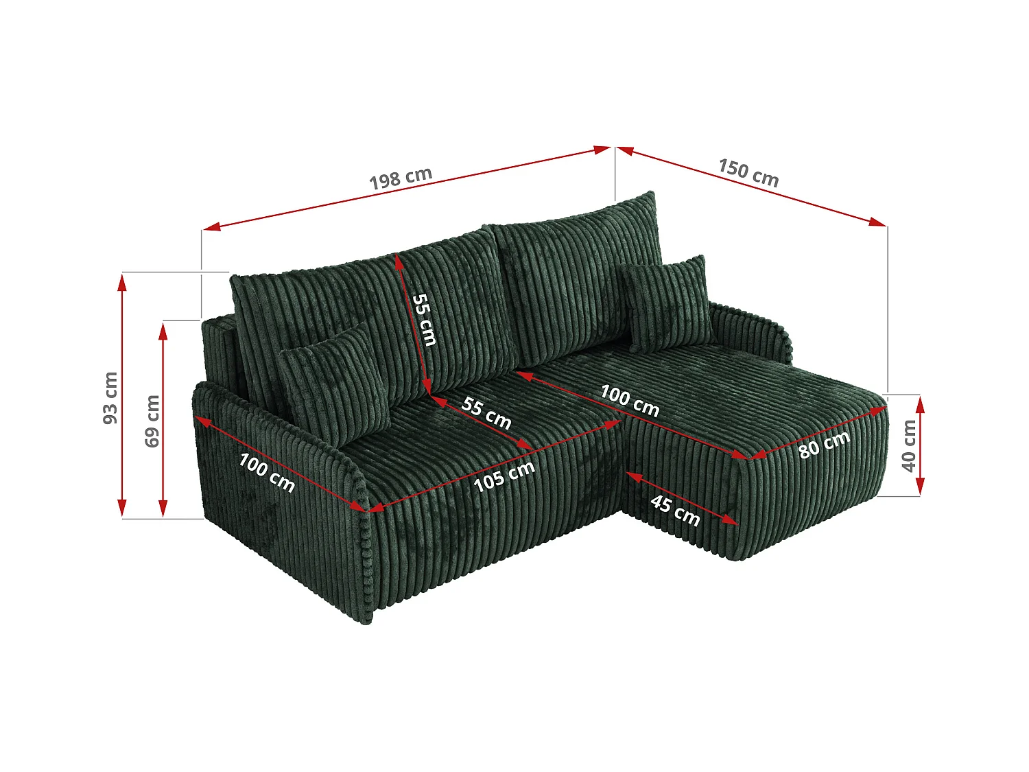 Ecksofa ARPA - L-form Schlaffsofa, Bettkasten und lose Kissen, Armlehnen - Grün Cord - Ecke Rechts
